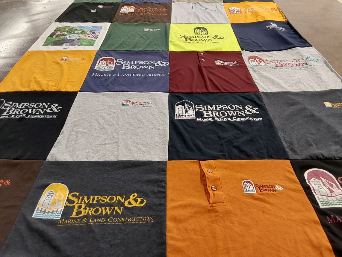T-shirt quilt with construction, marine themes by Stephanie from NJ