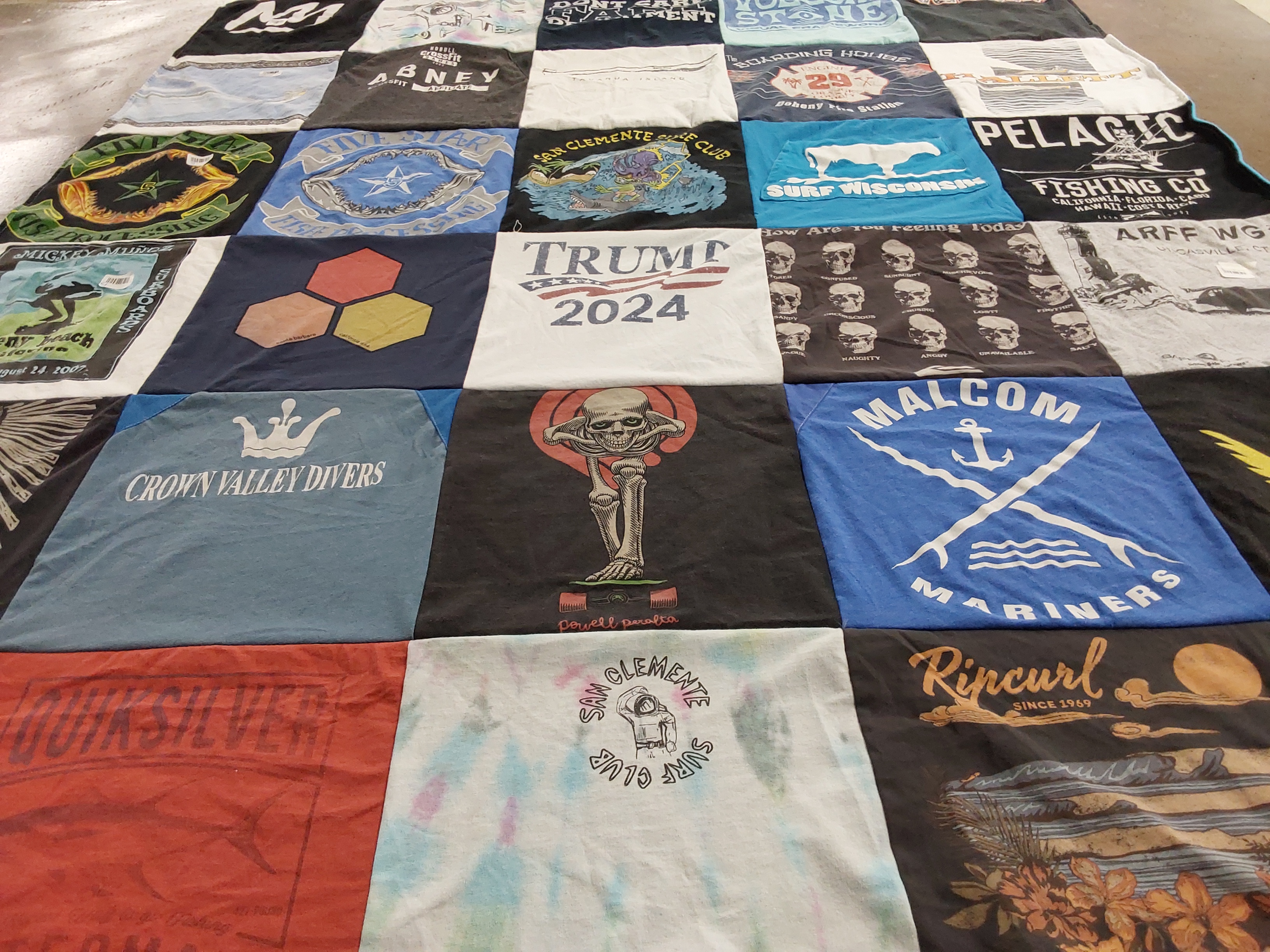 T-shirt quilt with diving, surfing themes by Torri from CA