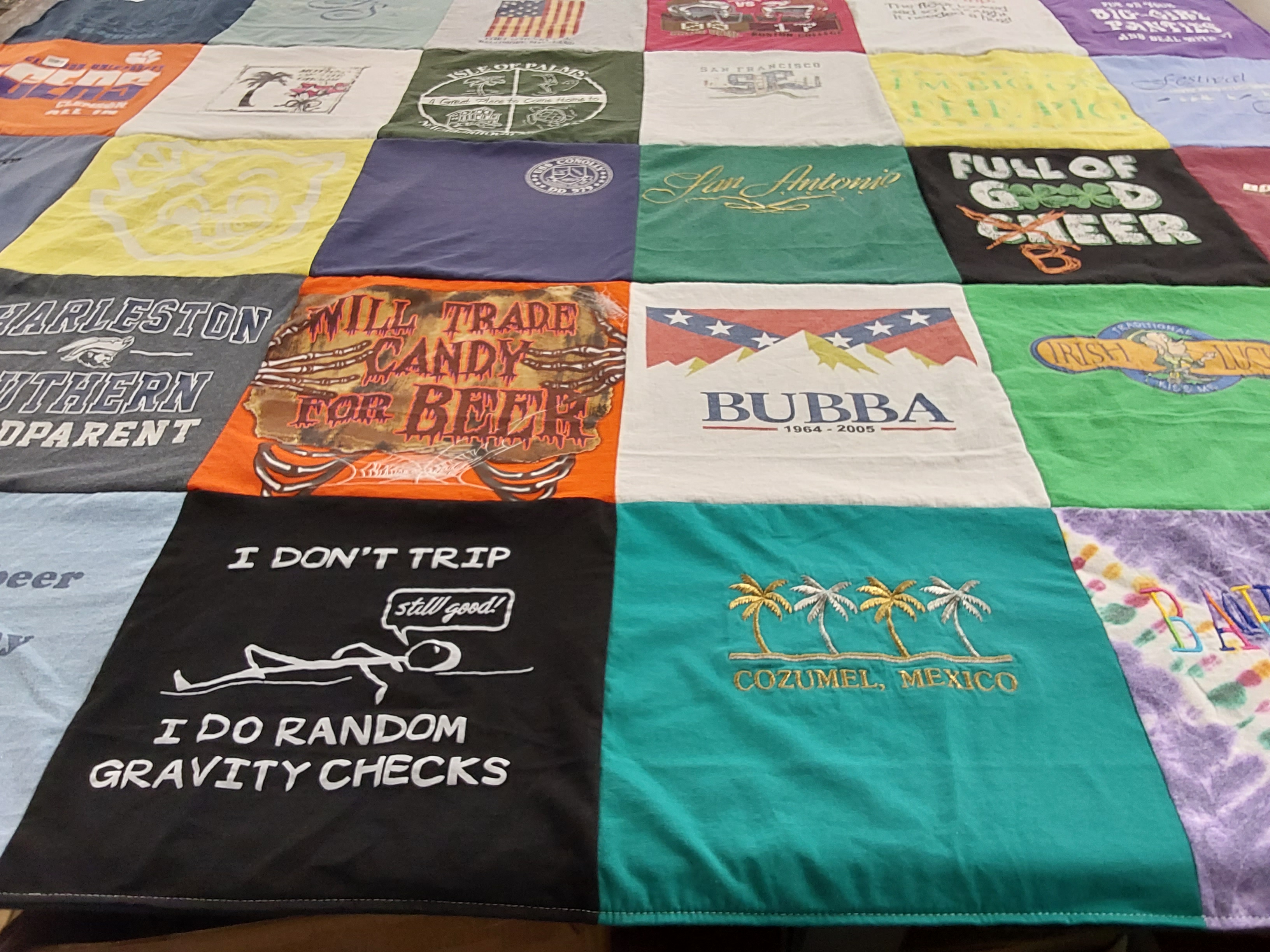 T-shirt quilt with beer, travel themes by Catherine from SC