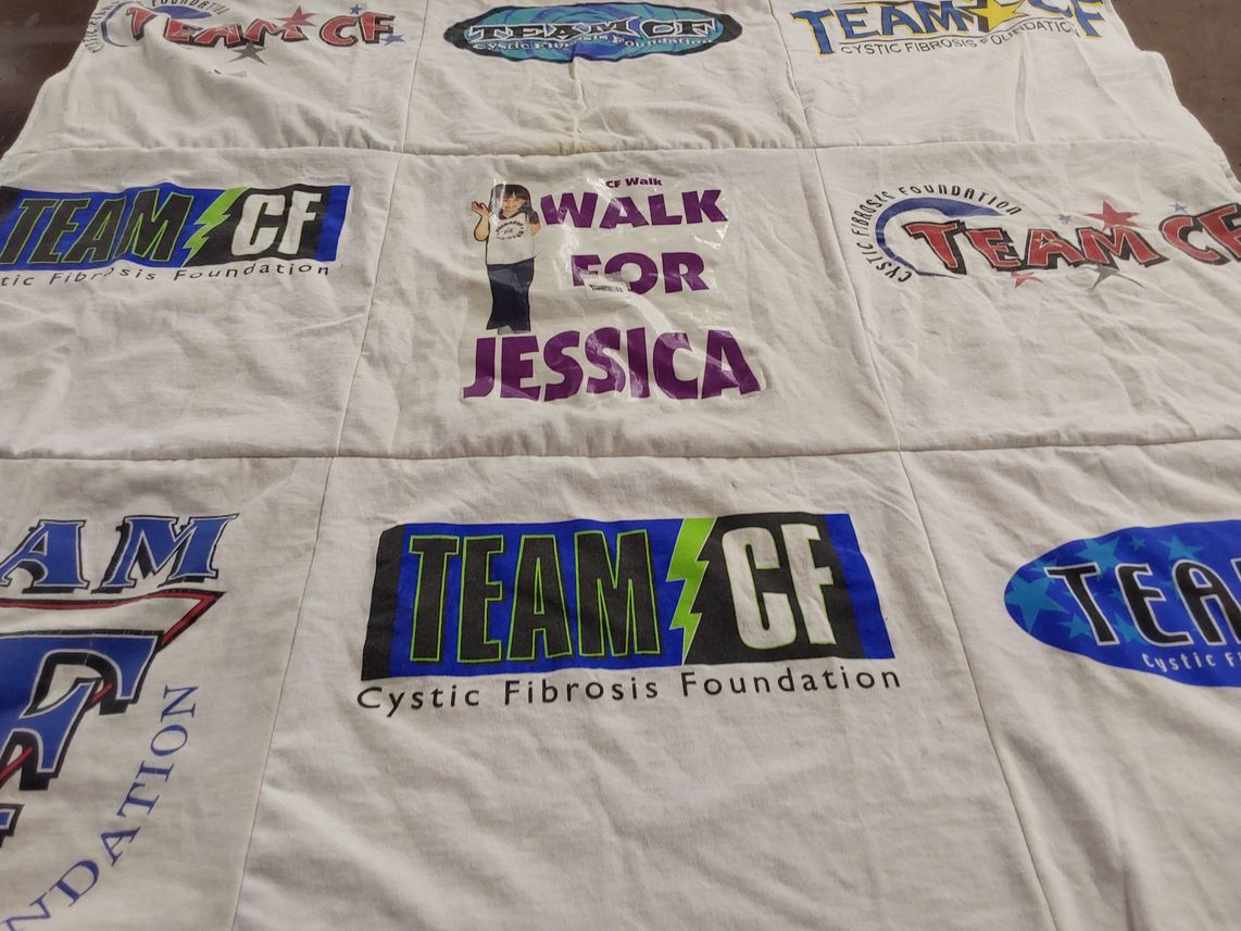 T-shirt quilt with cystic fibrosis awareness, fundraising themes by Jessica from NC