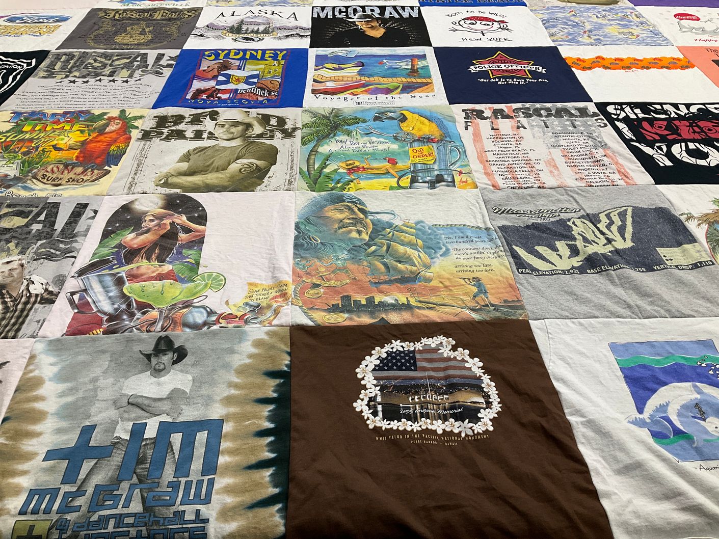 T-shirt quilt with music, travel themes by Carol from FL