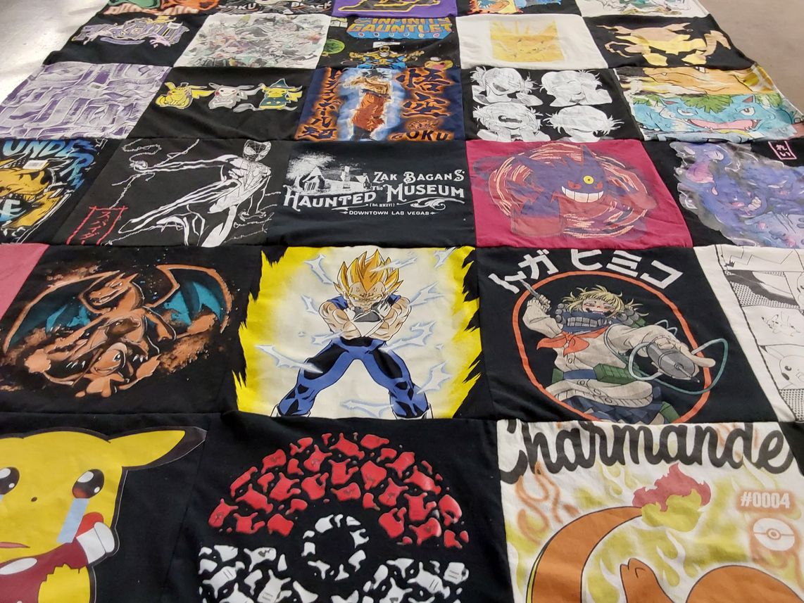 T-shirt quilt with anime, manga themes by Mariah from CA