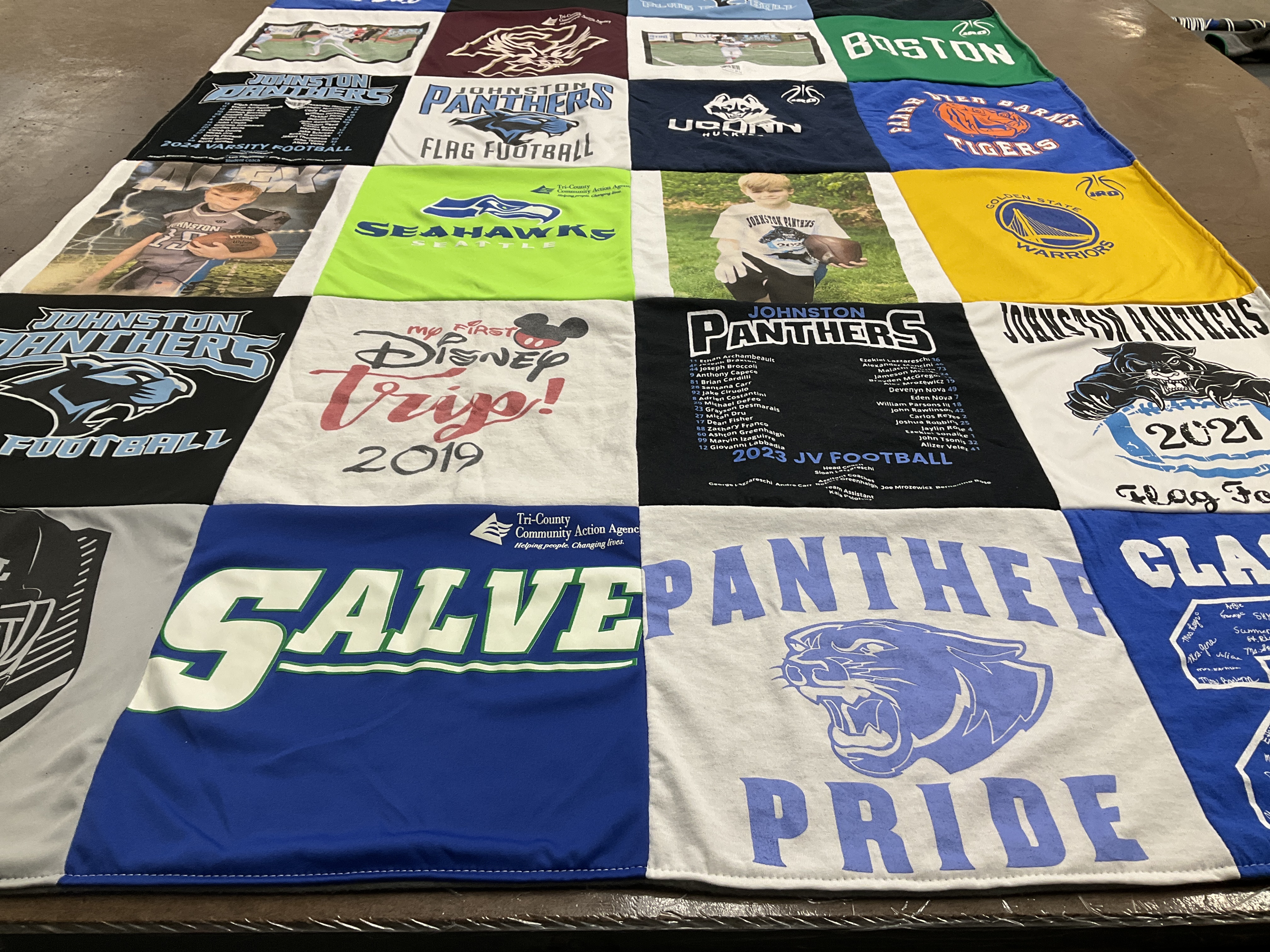 T-shirt quilt featuring johnston panthers, seattle seahawks by Melissa from RI