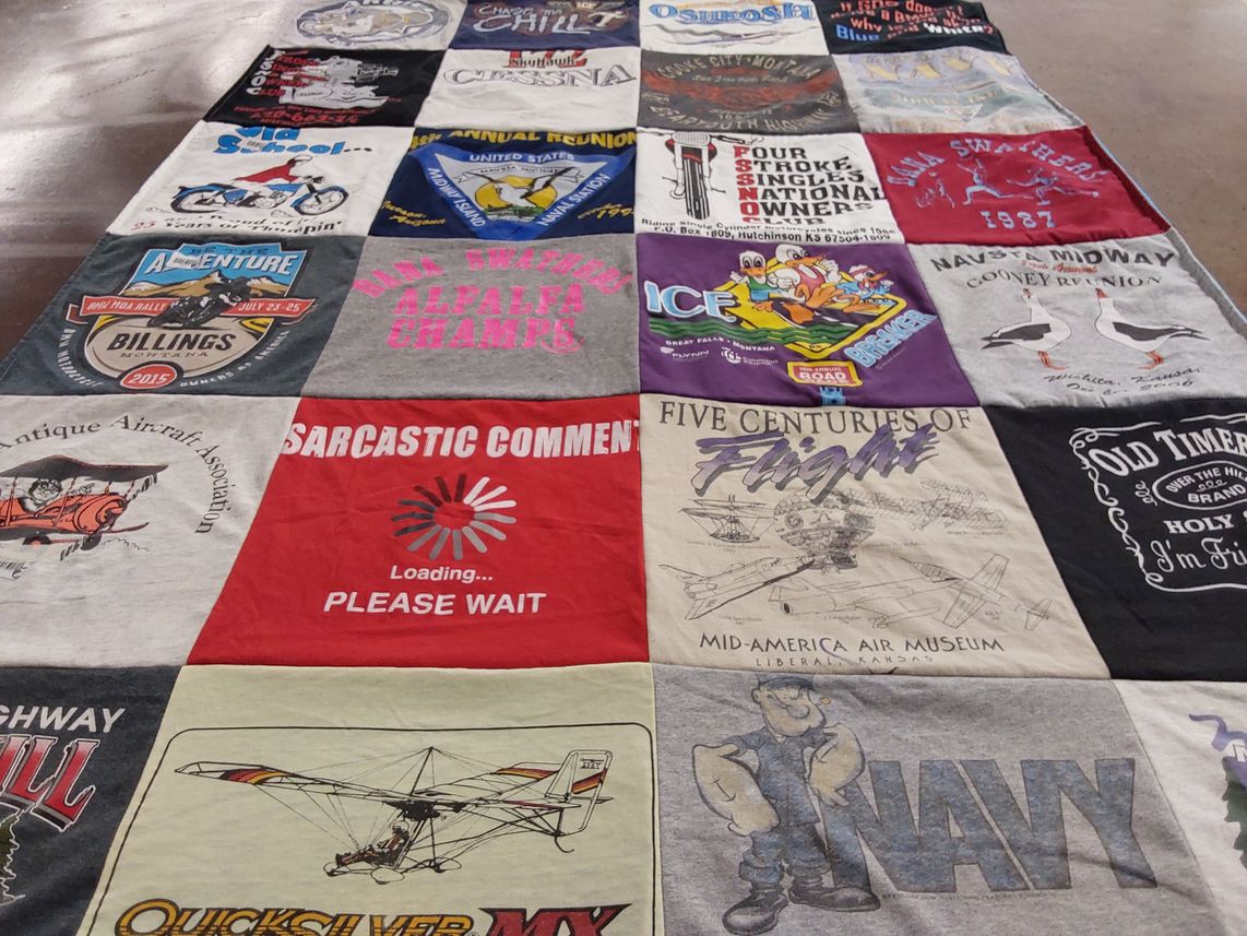 T-shirt quilt with aviation, aircraft themes by Faye from TX