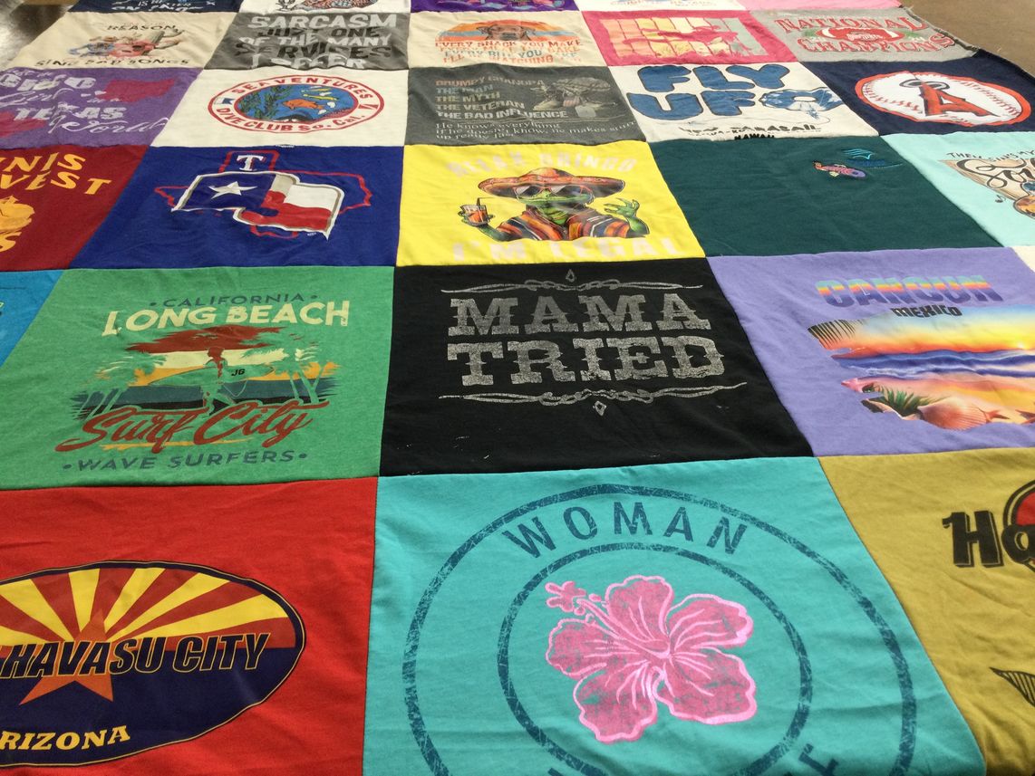 T-shirt quilt with surfing, travel themes by Rose from TX