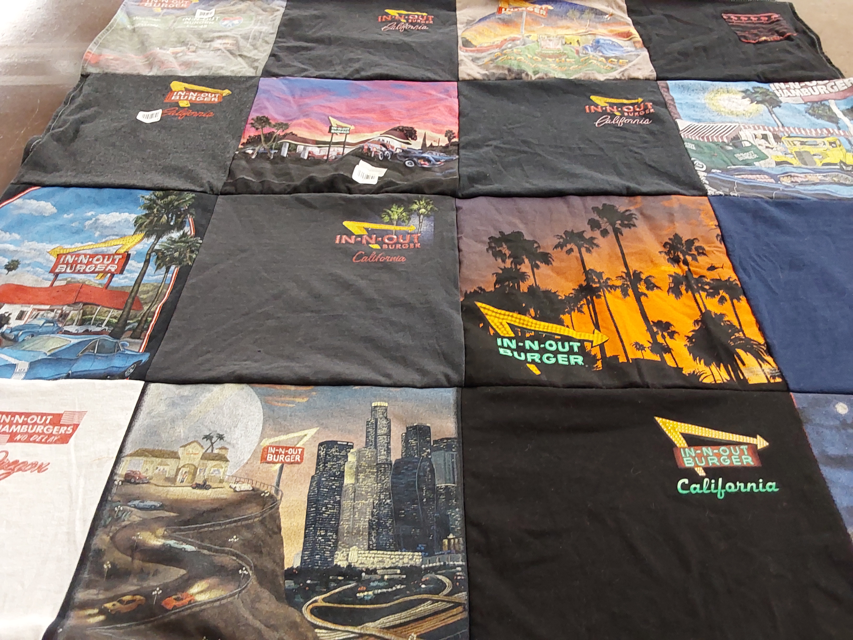 T-shirt quilt with fast food, california culture themes by Karen from OR