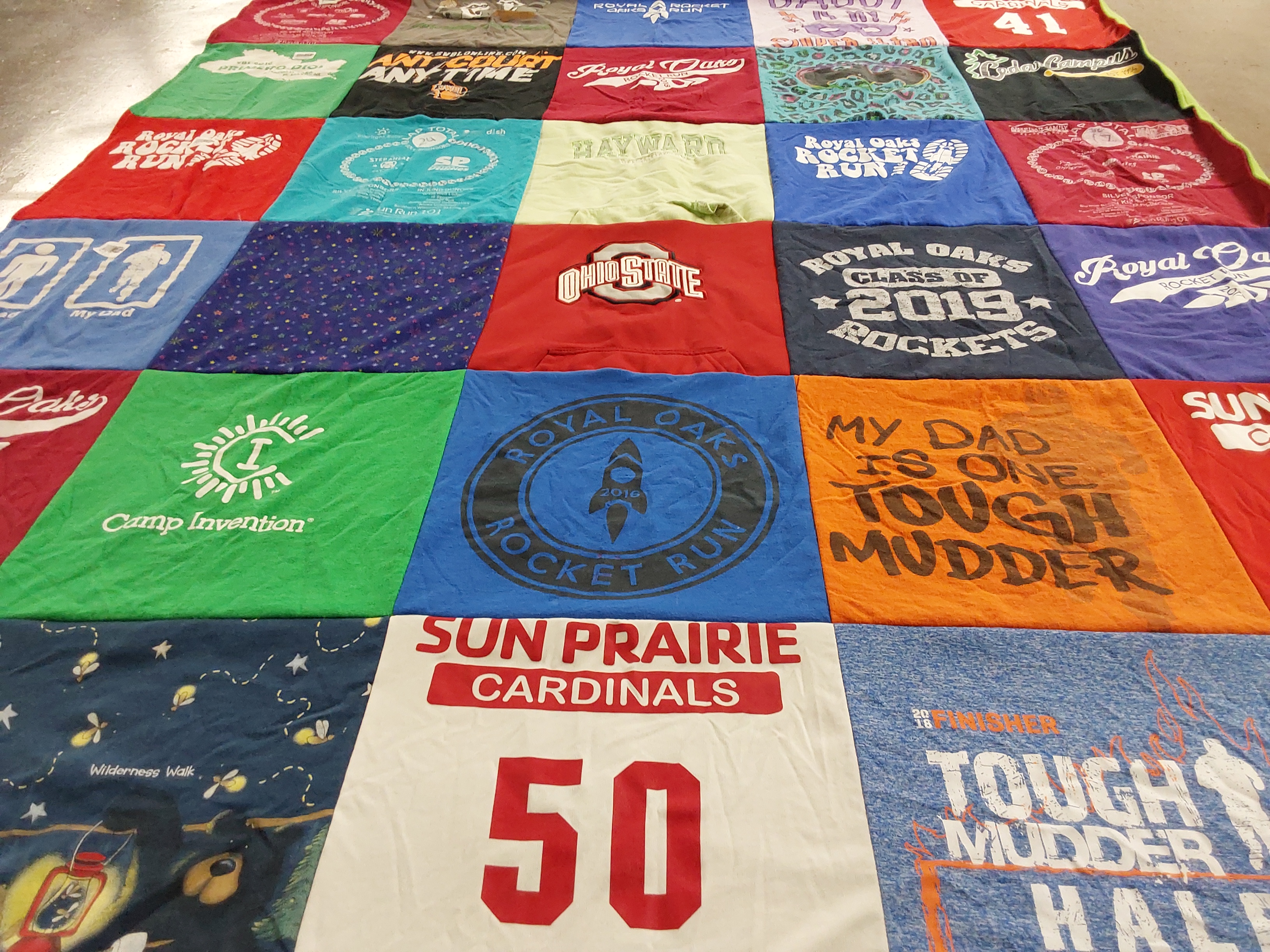 T-shirt quilt featuring royal oaks rockets, sun prairie cardinals by Jen from WI