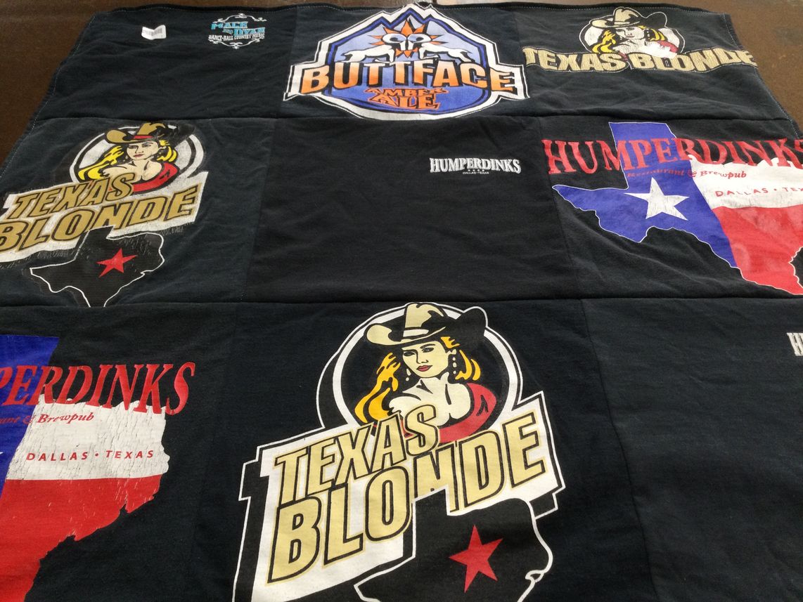 T-shirt quilt with texas culture, breweries themes by Mary from TX