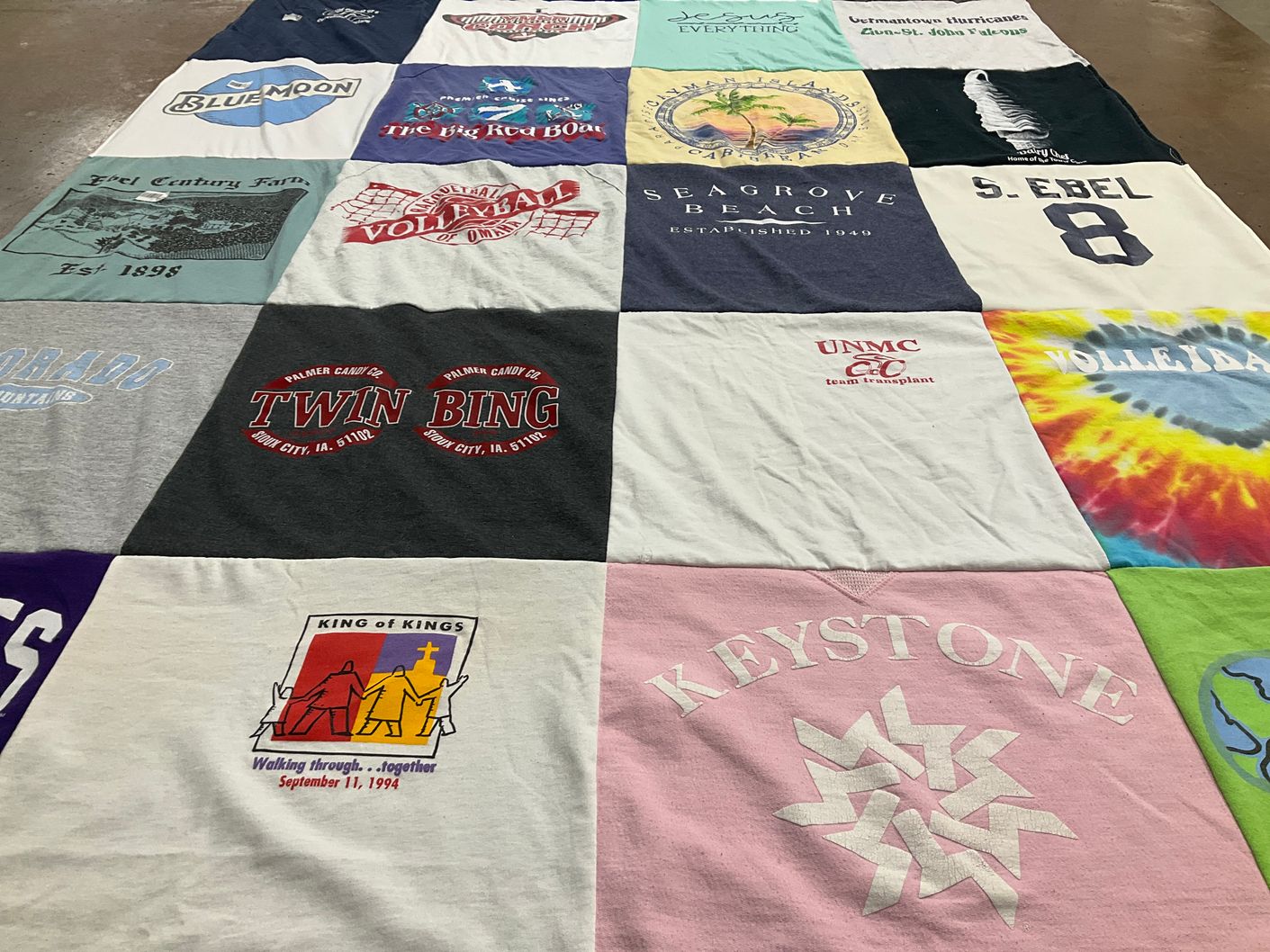 T-shirt quilt with beaches, volleyball themes by Sheryl from NE
