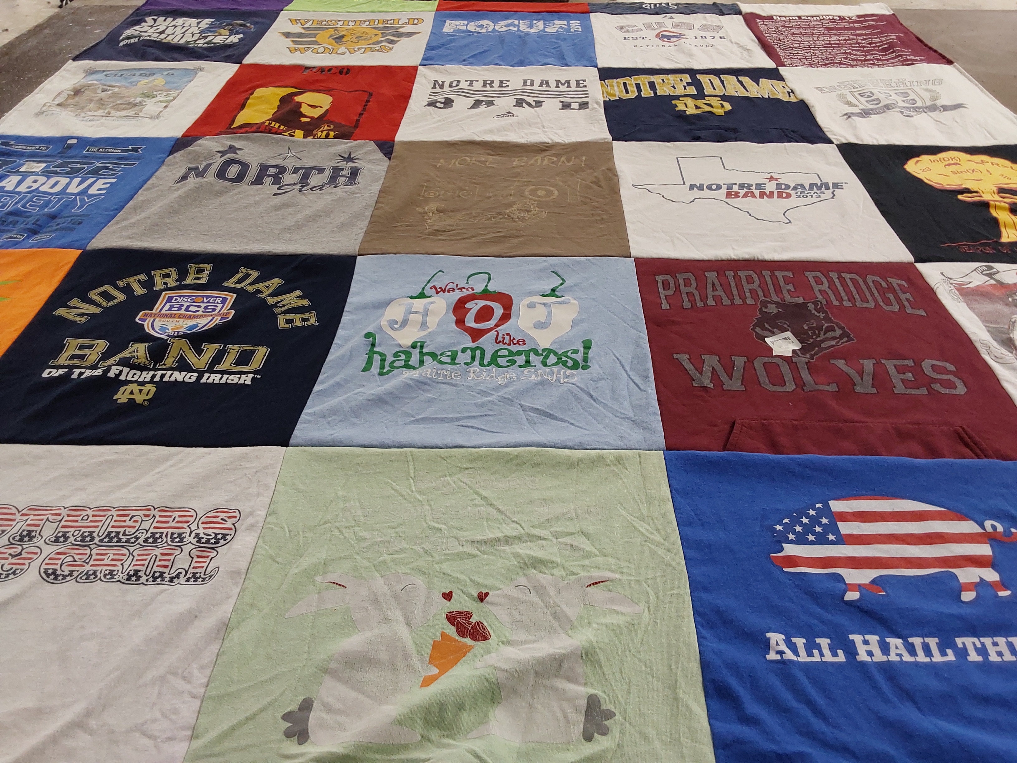 T-shirt quilt from notre dame university, prairie ridge high school by Mary from TN