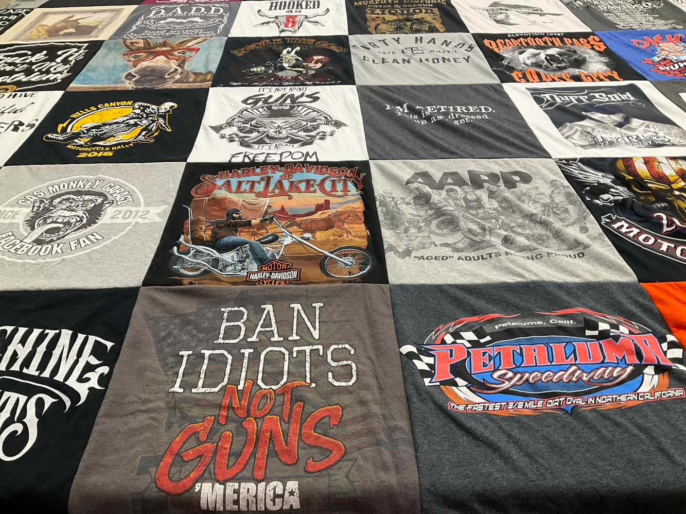 T-shirt quilt with motorcycles, biking themes by Rance from CA