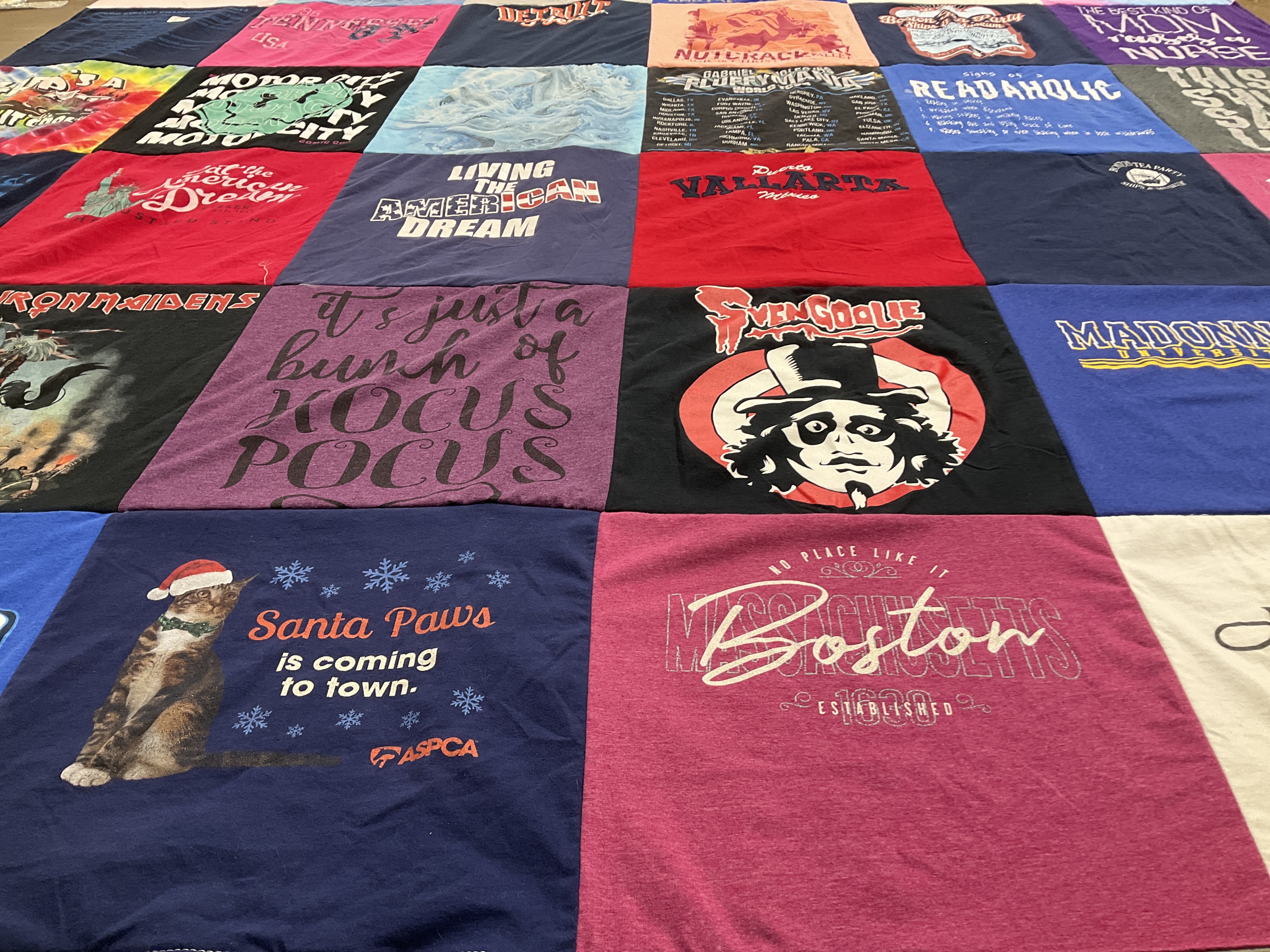 T-shirt quilt with reading, pets themes by Dawn from MI