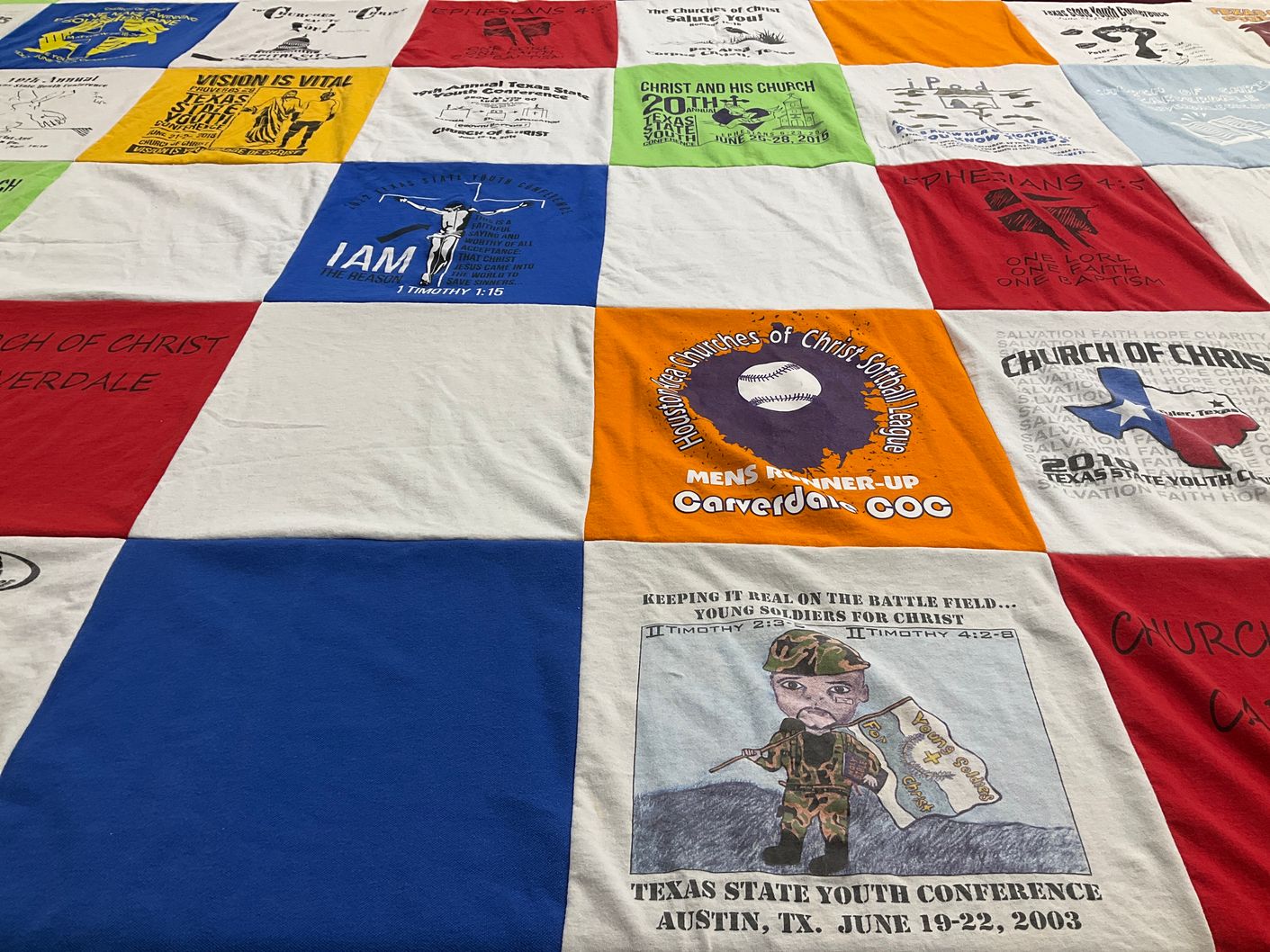 T-shirt quilt with youth ministry, faith themes by LISA from TX