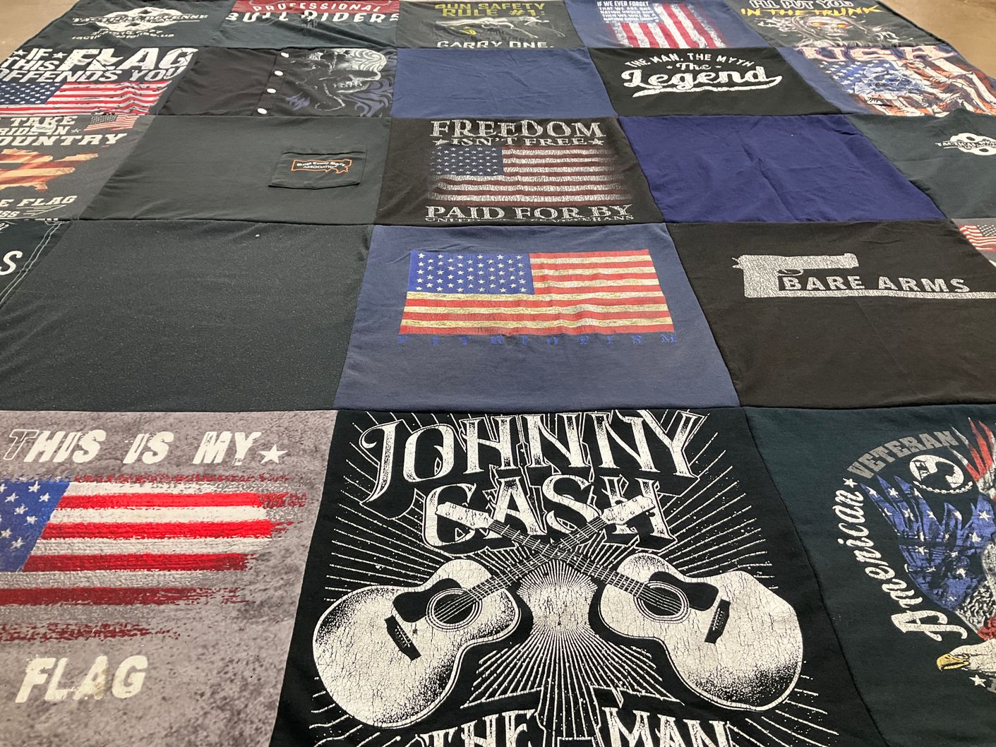 T-shirt quilt with music, patriotism themes by Yolanda from OH