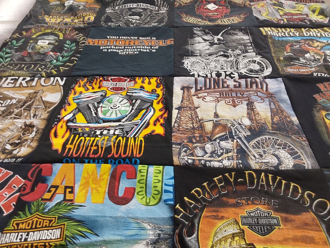 T-shirt quilt with motorcycles, bikes themes by Lisa from TX