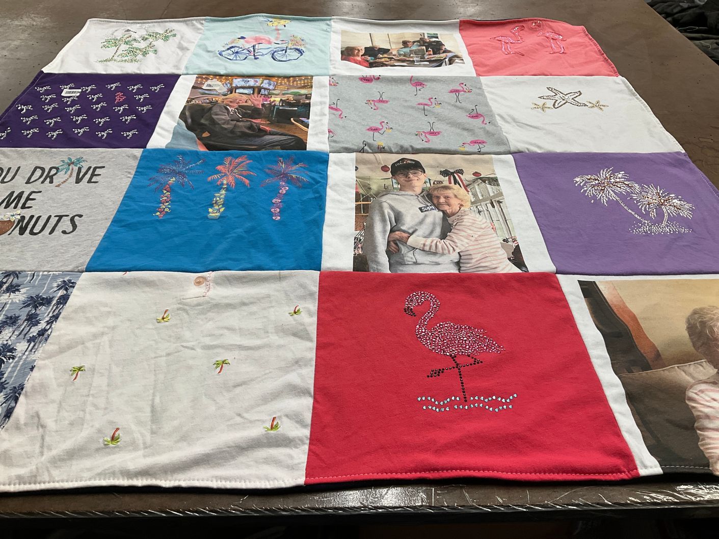 T-shirt quilt with flamingos, palm trees themes by Jamie from PA