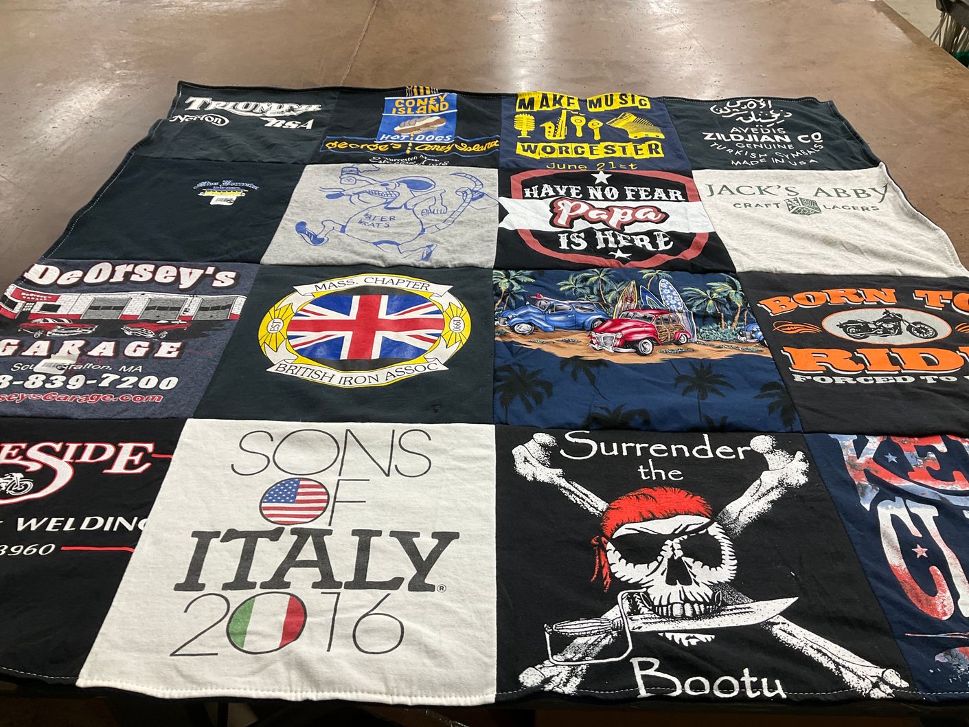T-shirt quilt with music, motorcycles themes by Jill from MA