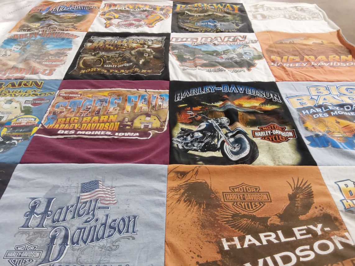 T-shirt quilt with motorcycles, riding themes by Dixie from IA