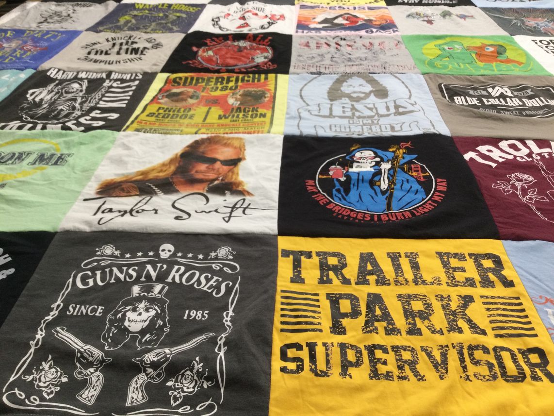 T-shirt quilt with music, humor themes by Chris Williams from GA