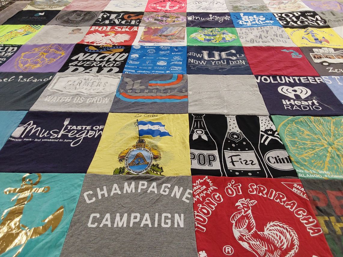 T-shirt quilt with farming, music themes by Randilynn from MI