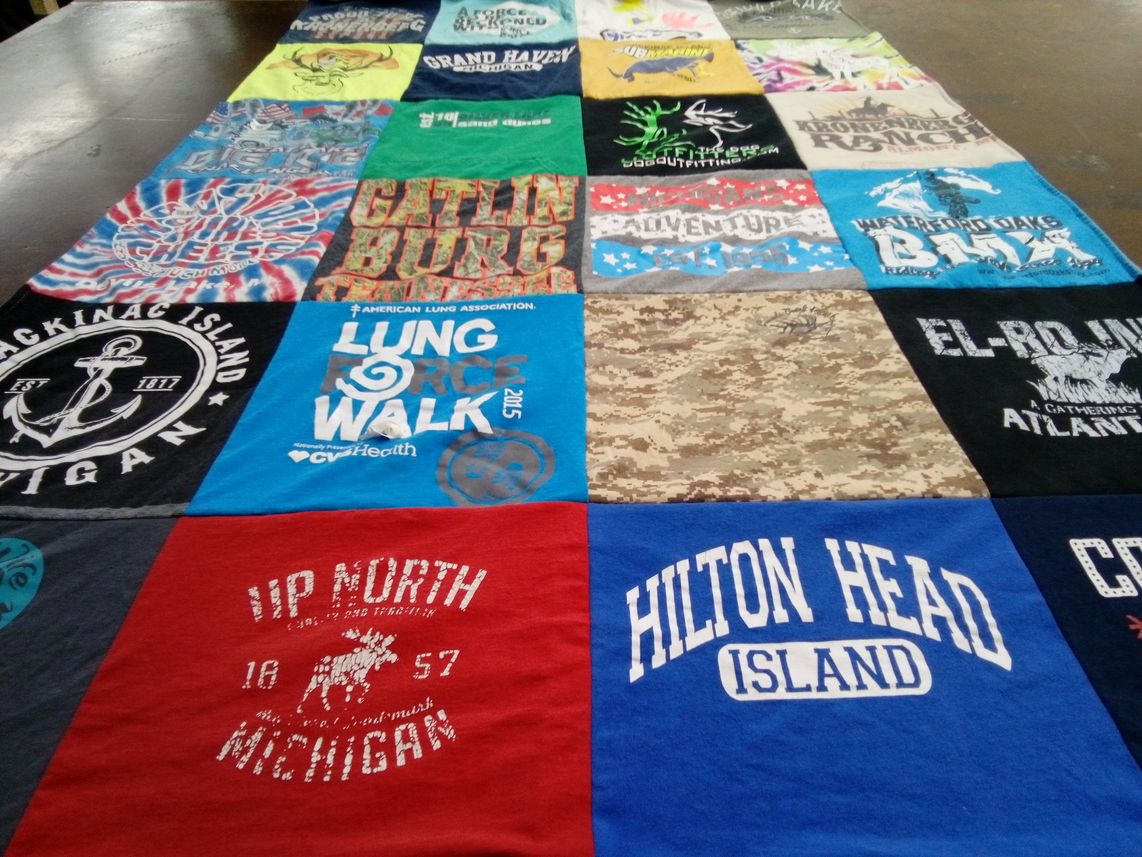 T-shirt quilt with travel, outdoor activities themes by C from MI