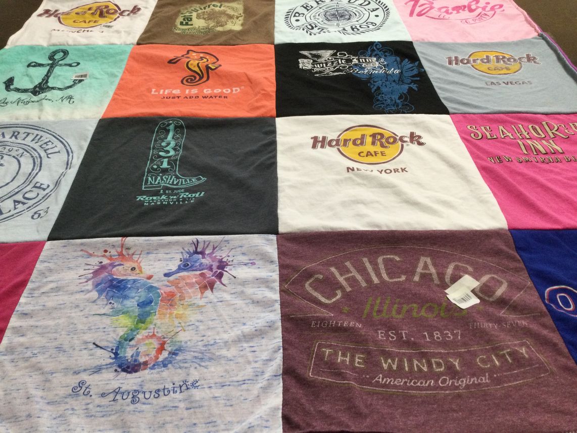 T-shirt quilt with travel, music themes by Yesenia from FL