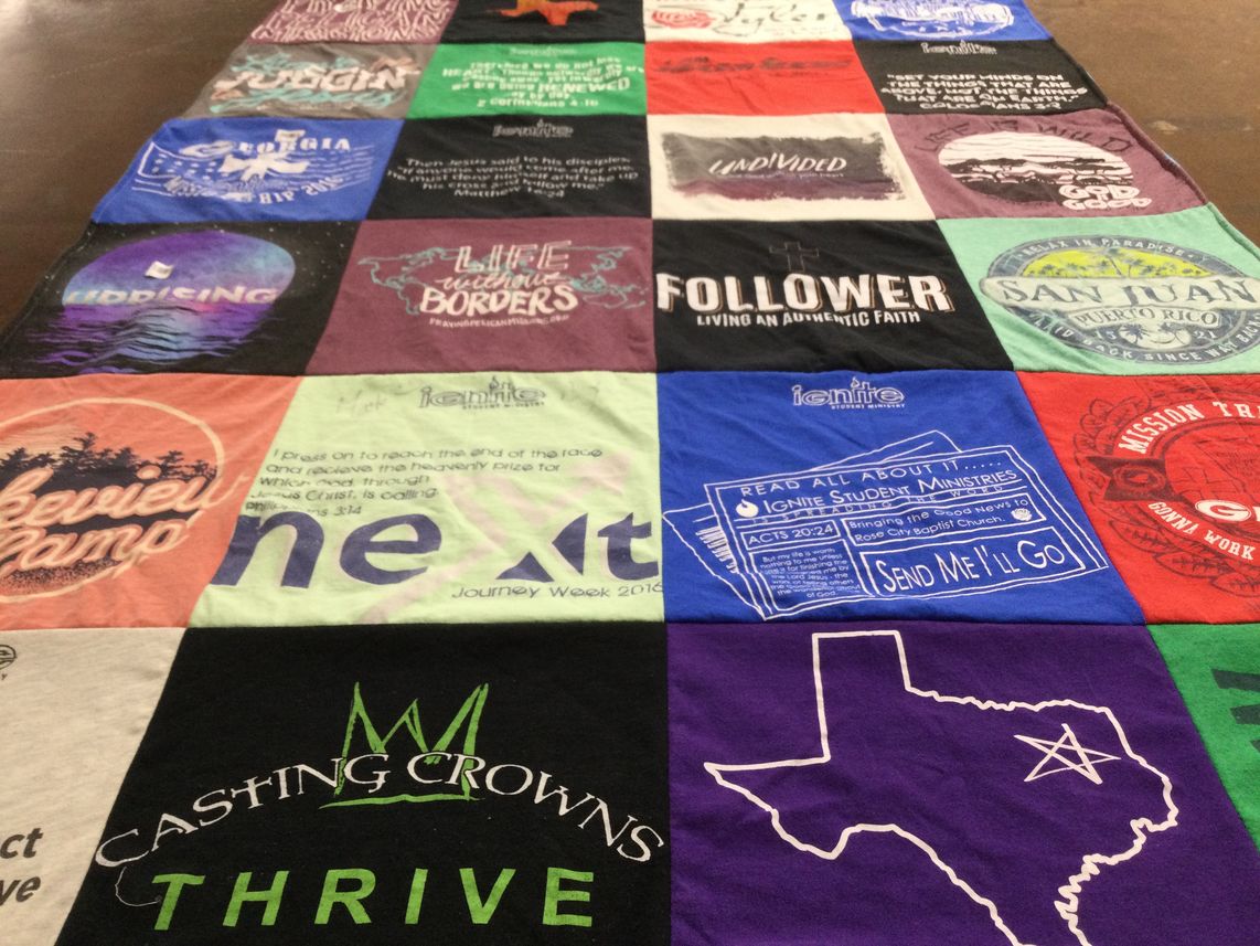 T-shirt quilt with religion, youth ministry themes by Heidi from CO