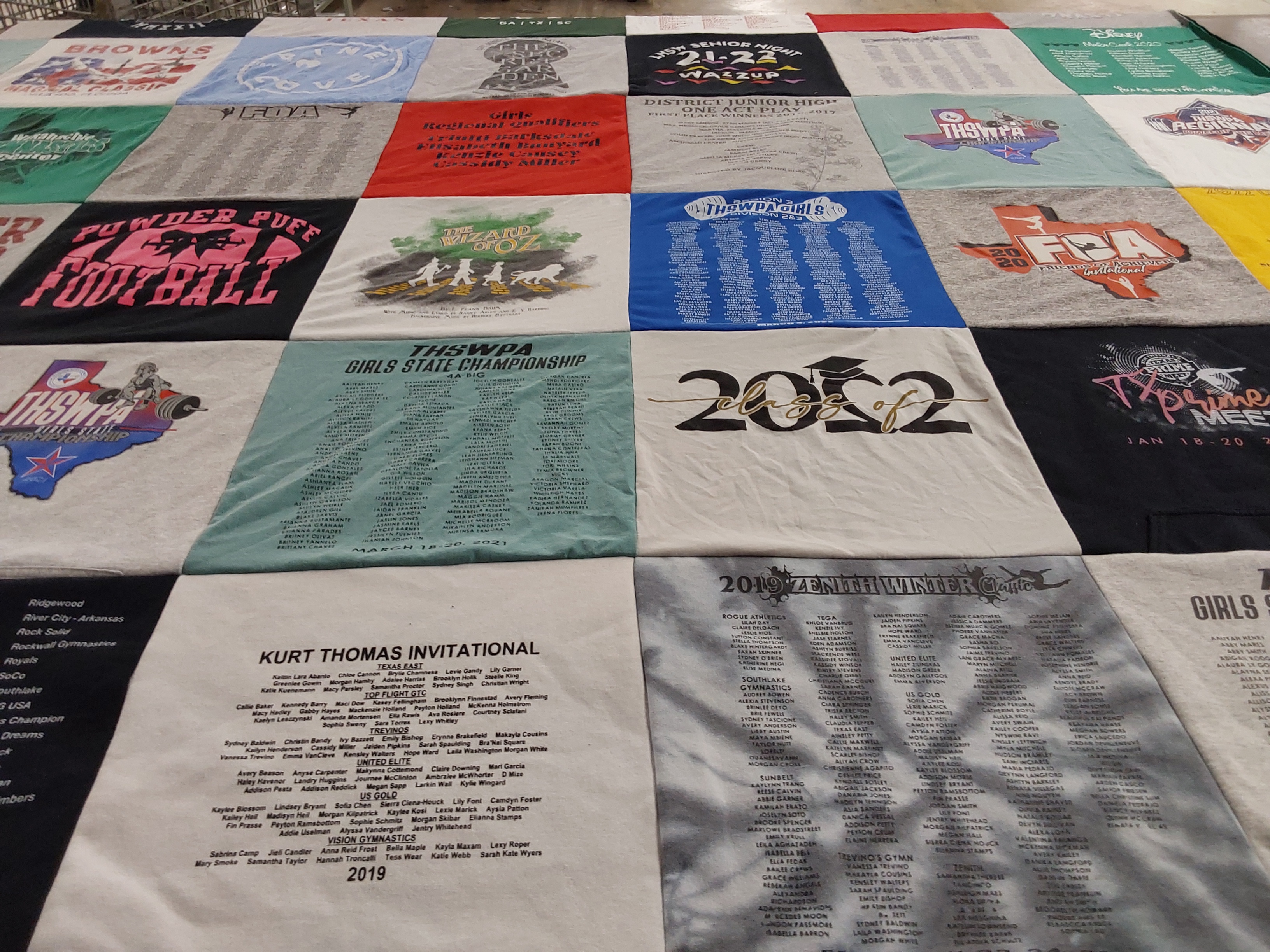 T-shirt quilt with gymnastics, sports themes by Karen from TX