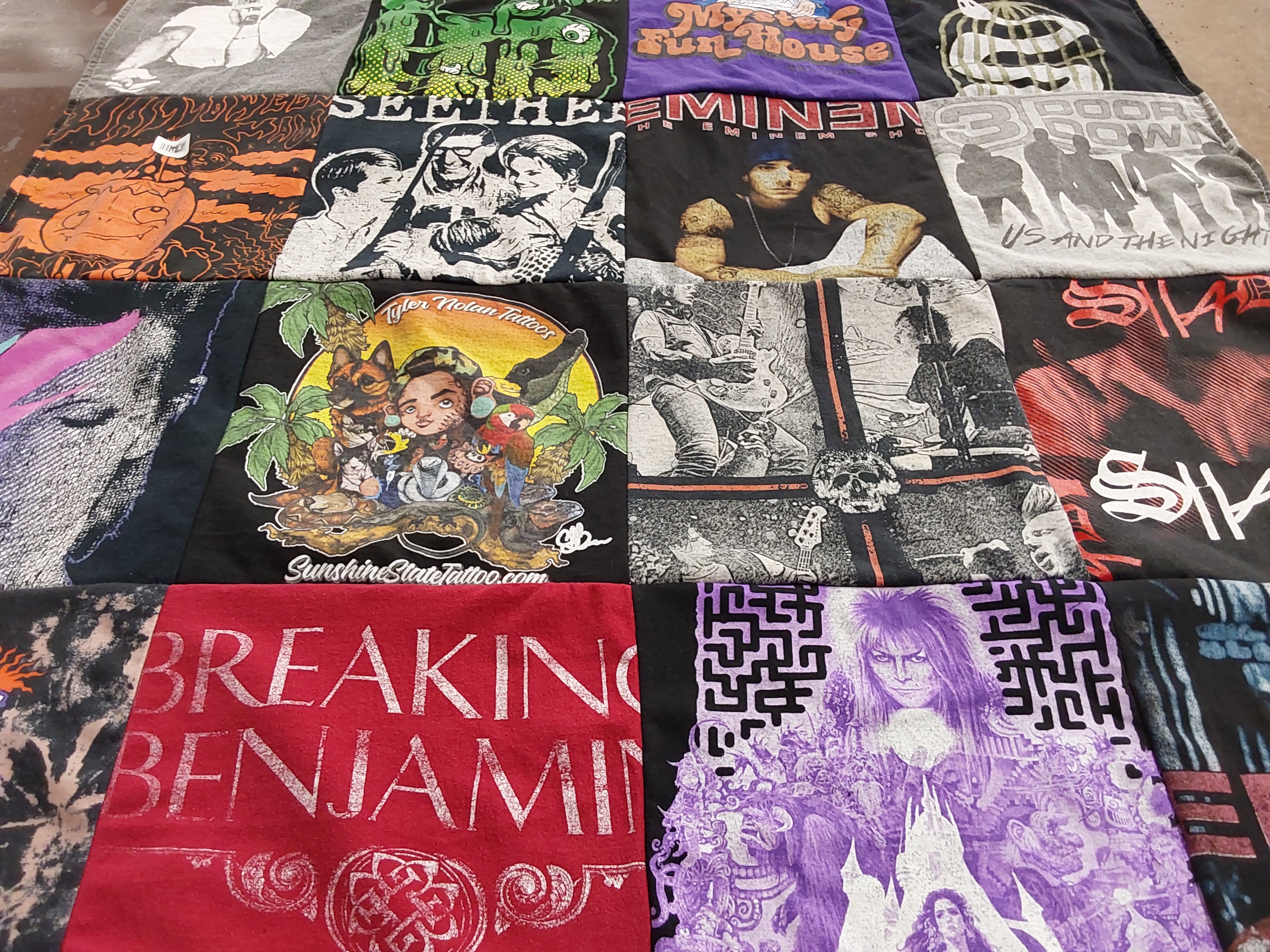T-shirt quilt with music, tattoos themes by Victoria from FL