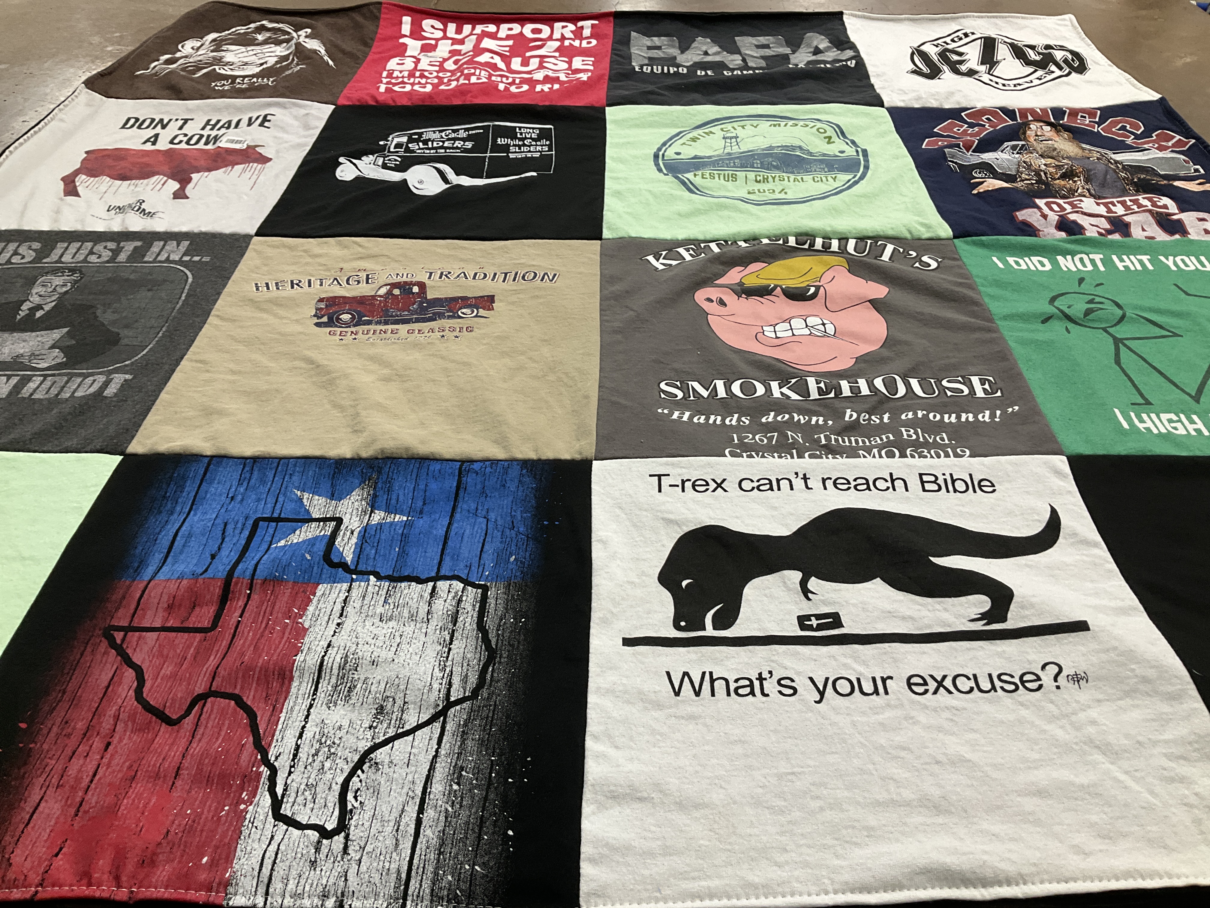 T-shirt quilt with cooking, heritage themes by Jennifer from MO