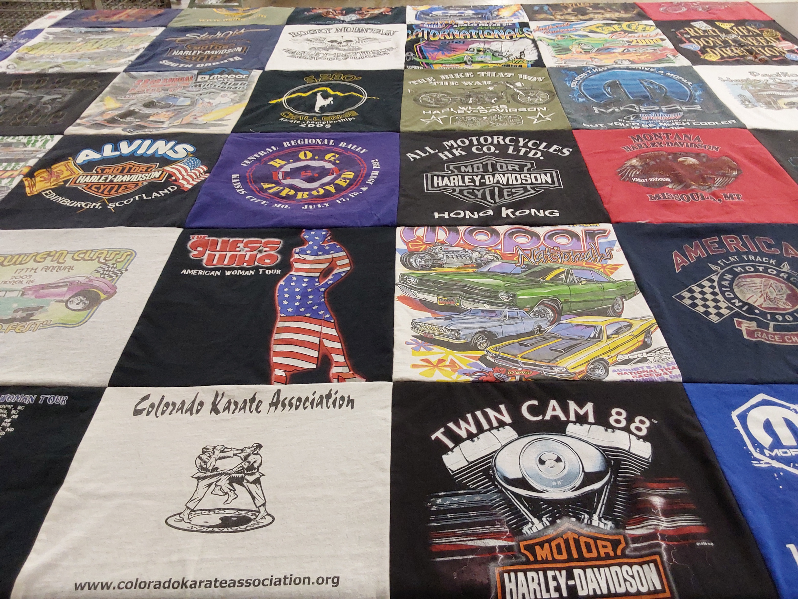 T-shirt quilt with motorcycles, karate themes by Pegi from CO