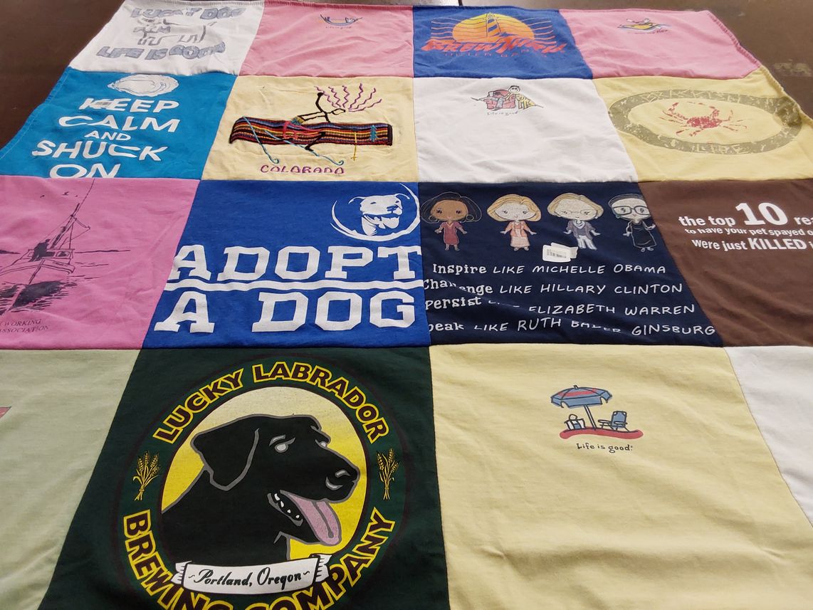 T-shirt quilt with animal adoption, politics themes by Brenda from NC