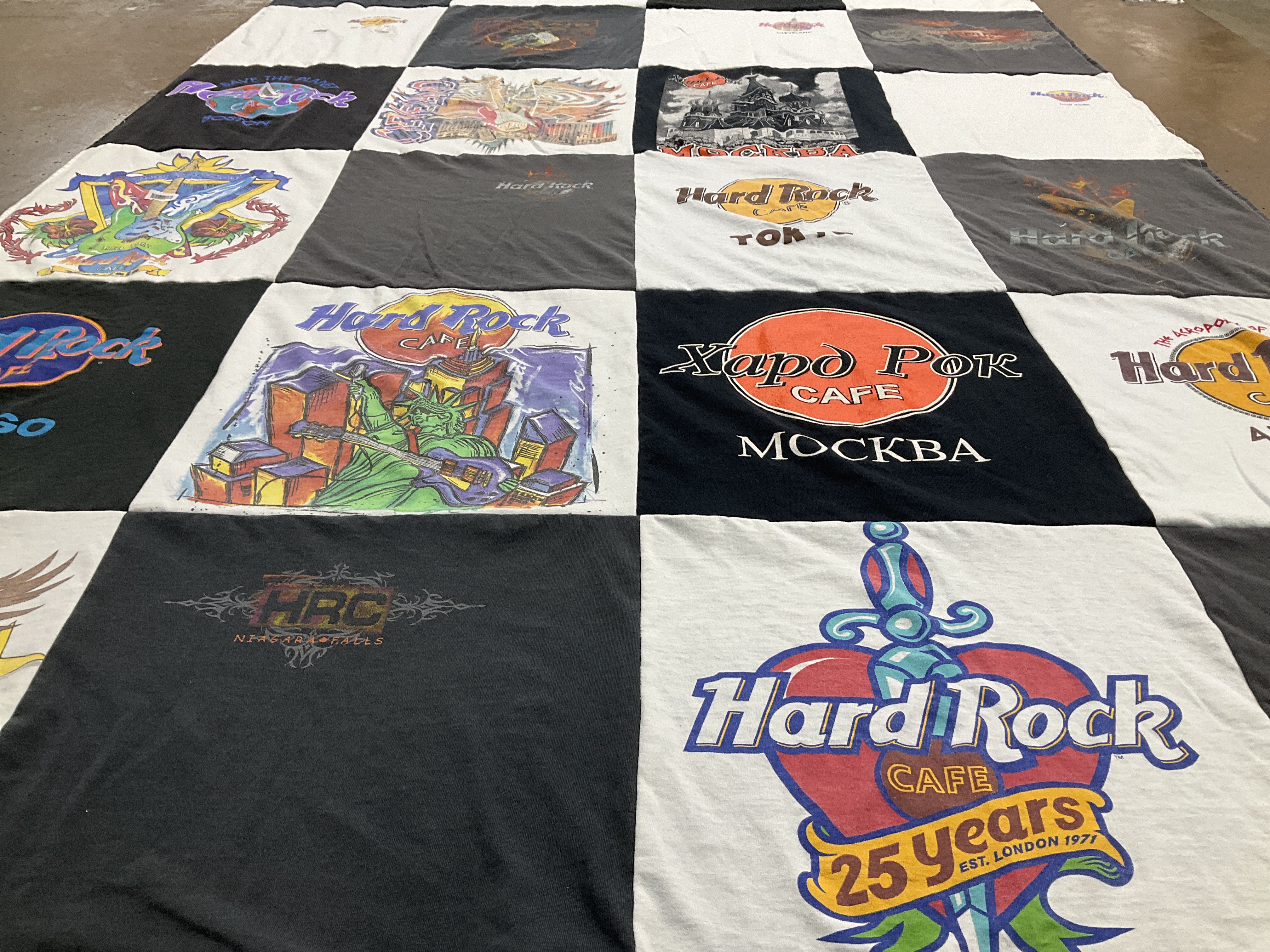 T-shirt quilt with music, restaurant themes by Sue from WA