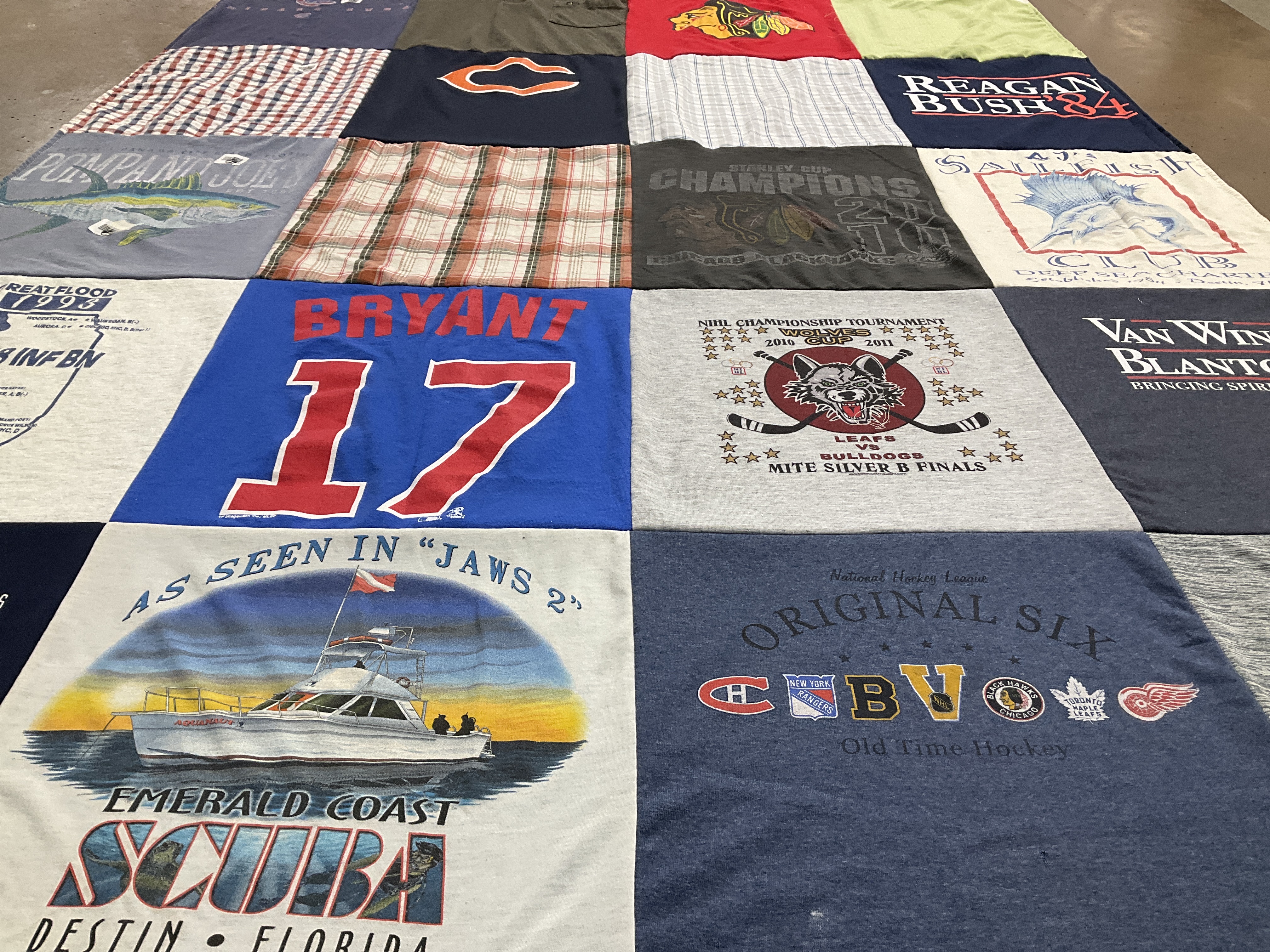 T-shirt quilt featuring chicago blackhawks, lea's bulldogs by Bridget M from IL