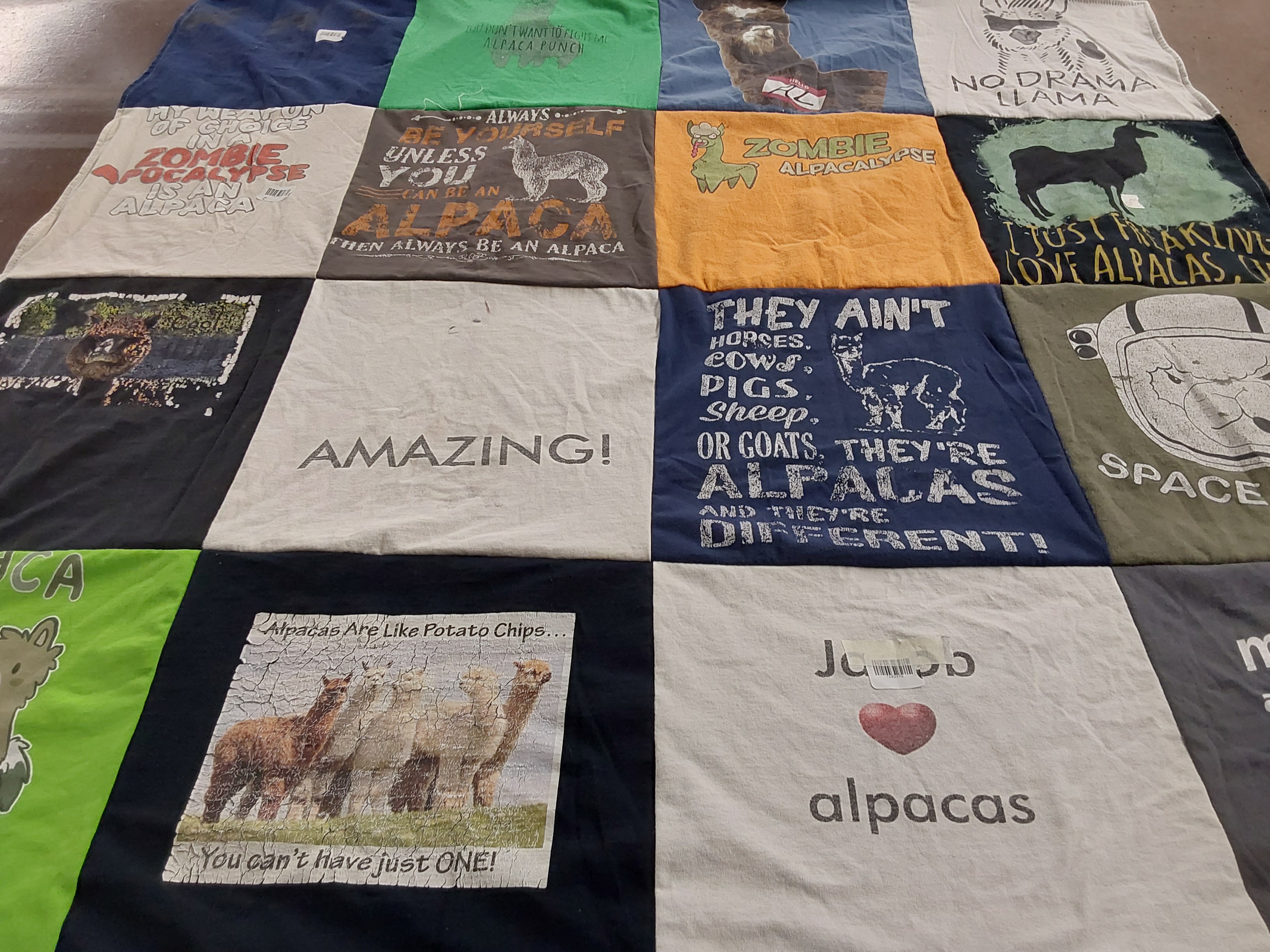 T-shirt quilt with animals, alpacas themes by angelique from MO