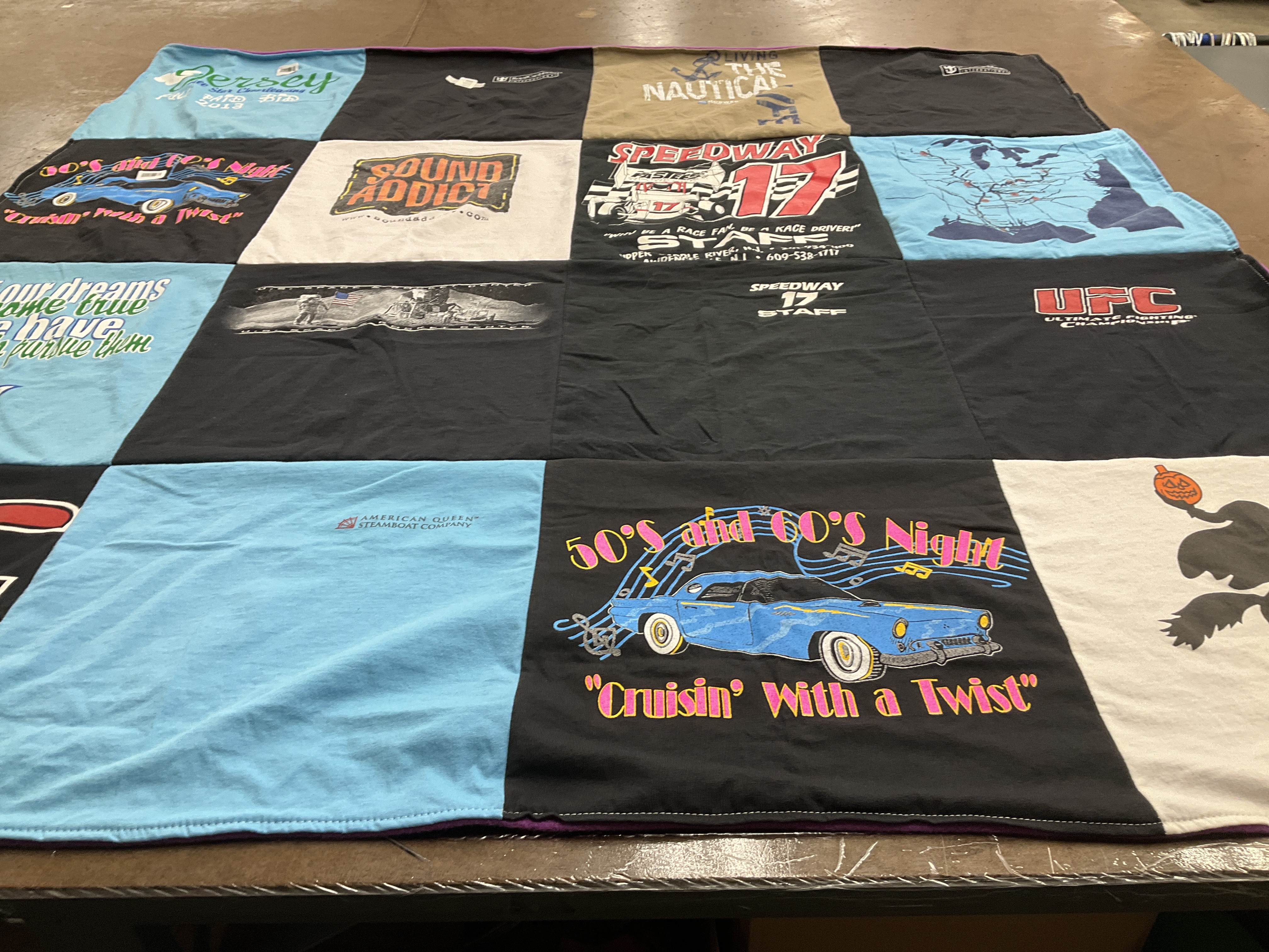 T-shirt quilt with cars, music themes by Lauri from NJ