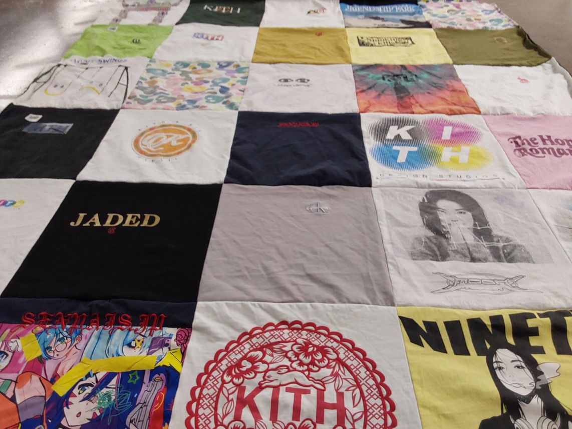 T-shirt quilt with anime, fashion themes by Caroline from HI