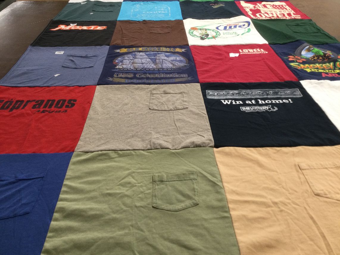 T-shirt quilt with television, beverages themes by Lauren from MA