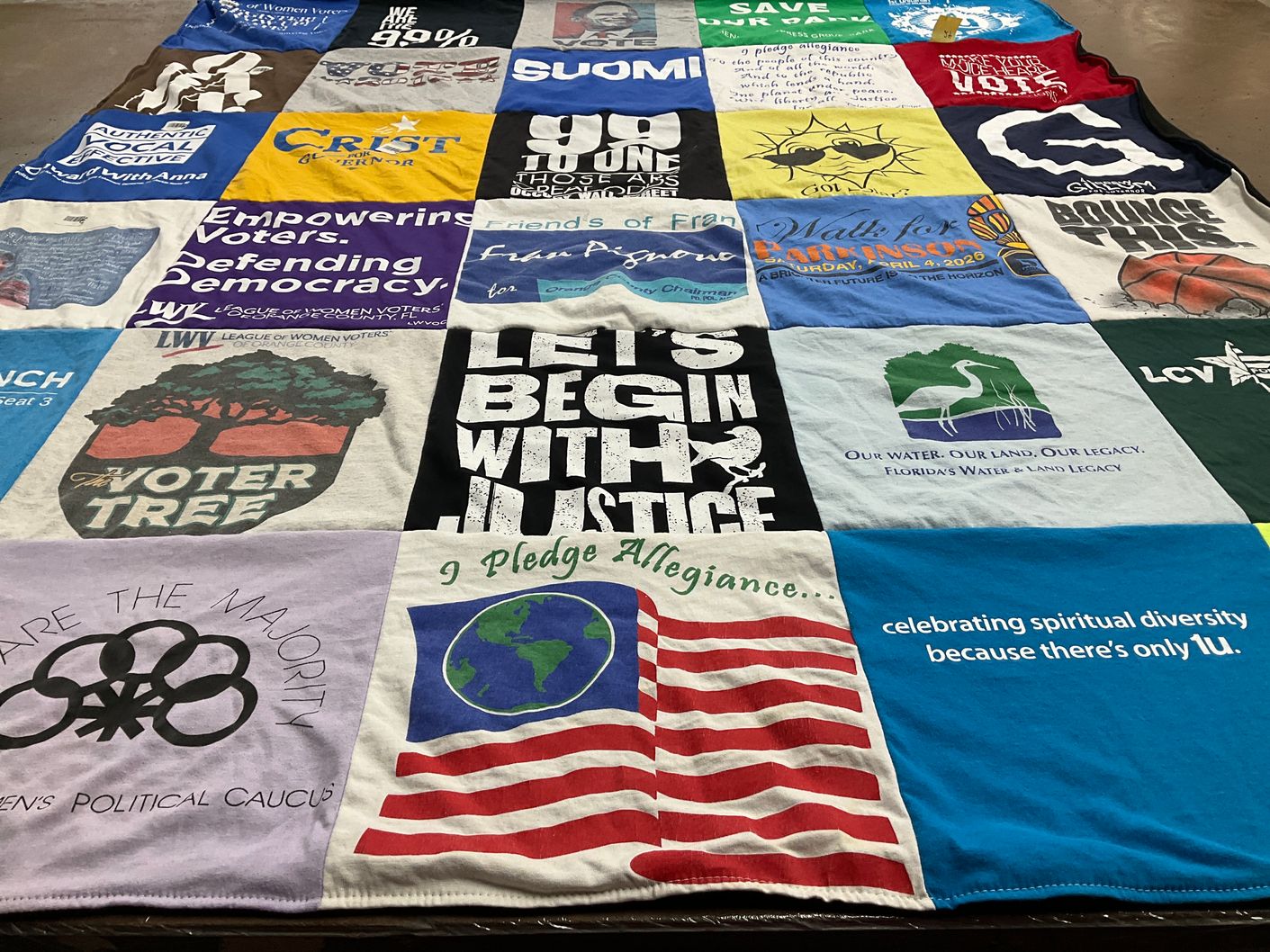 T-shirt quilt with voter empowerment, democracy themes by Joan from FL