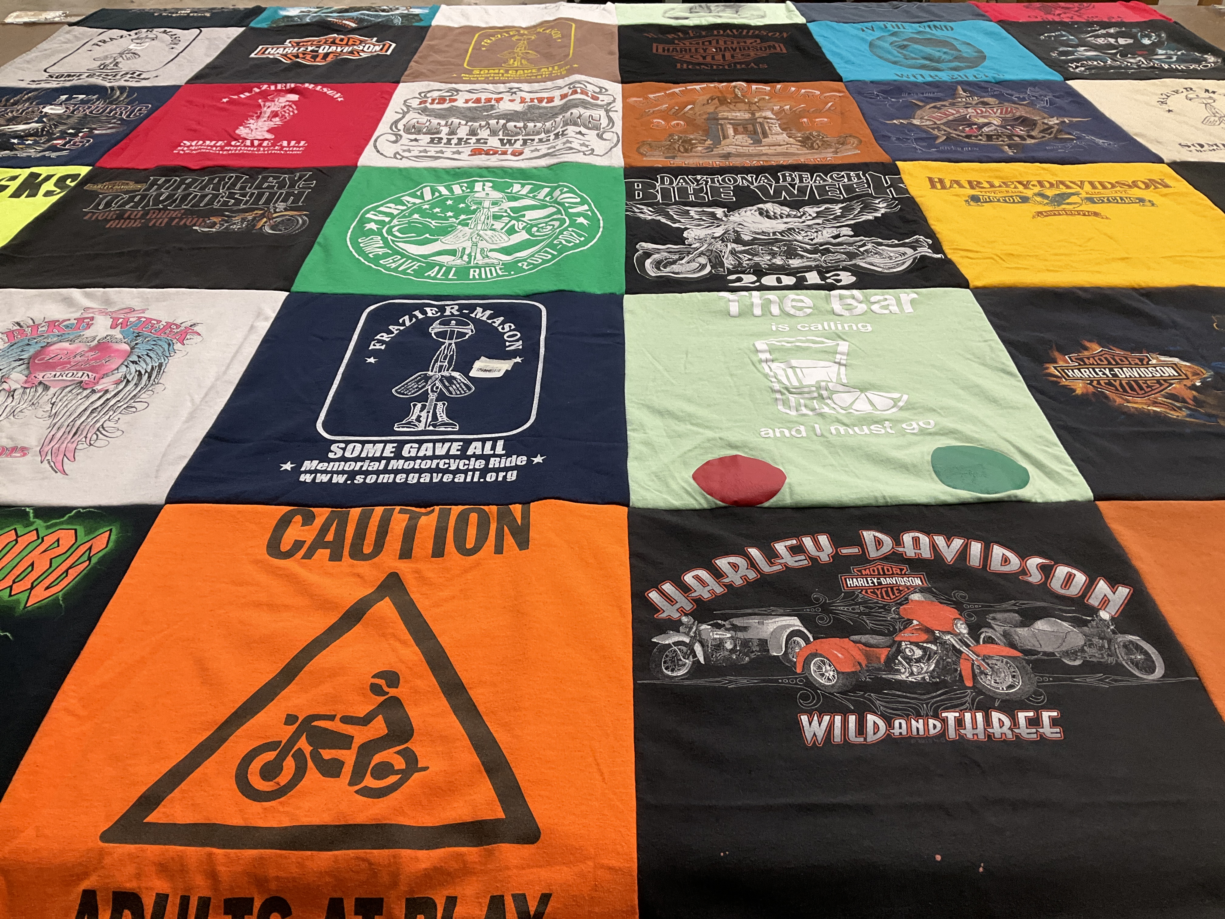 T-shirt quilt with motorcycles, bar culture themes by sherry from VA
