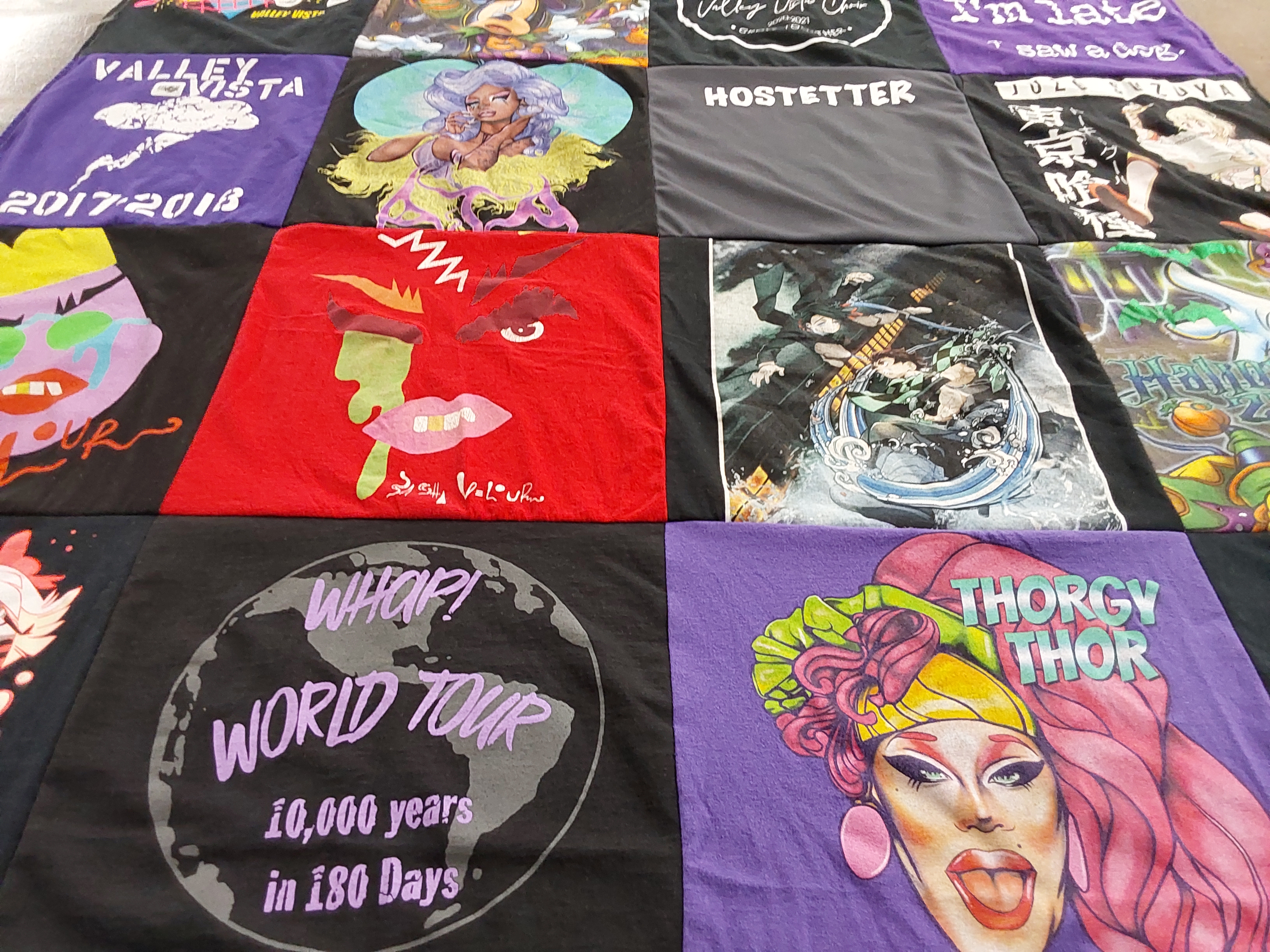 T-shirt quilt with drag, performing arts themes by Jennifer from AZ