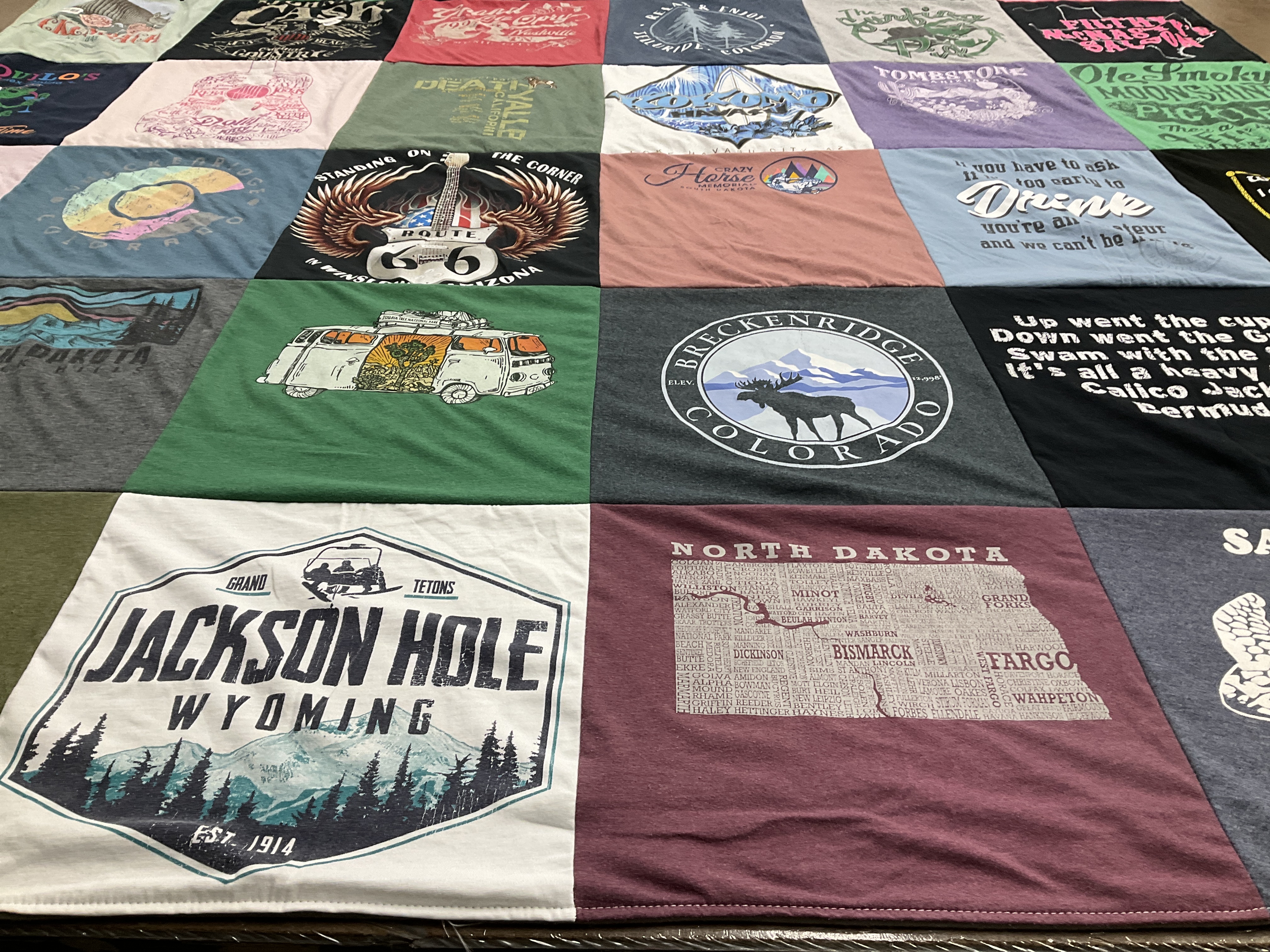 T-shirt quilt with travel, outdoor themes by Kari from DE