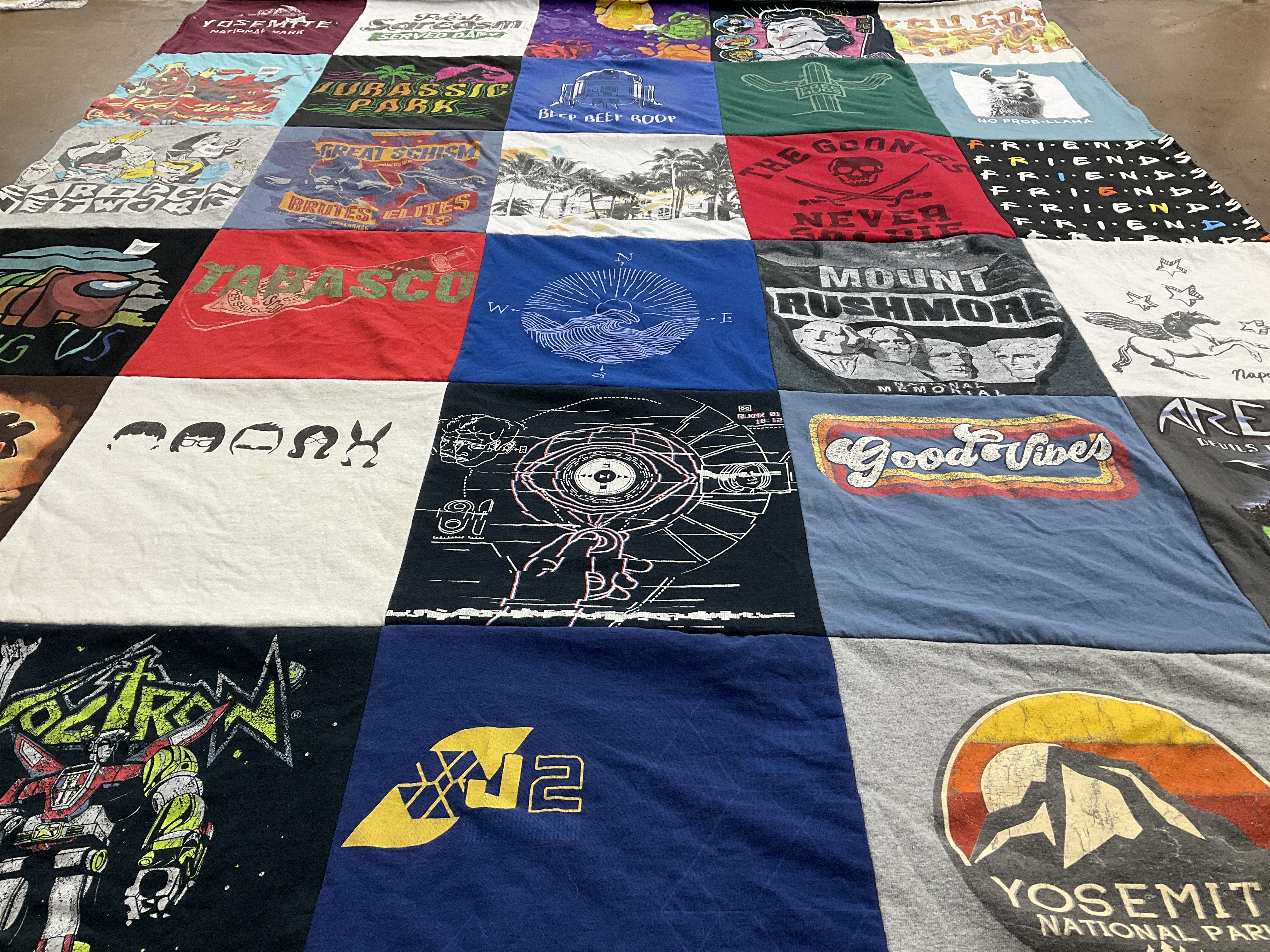 T-shirt quilt with nature, movies themes by Carrie from OR