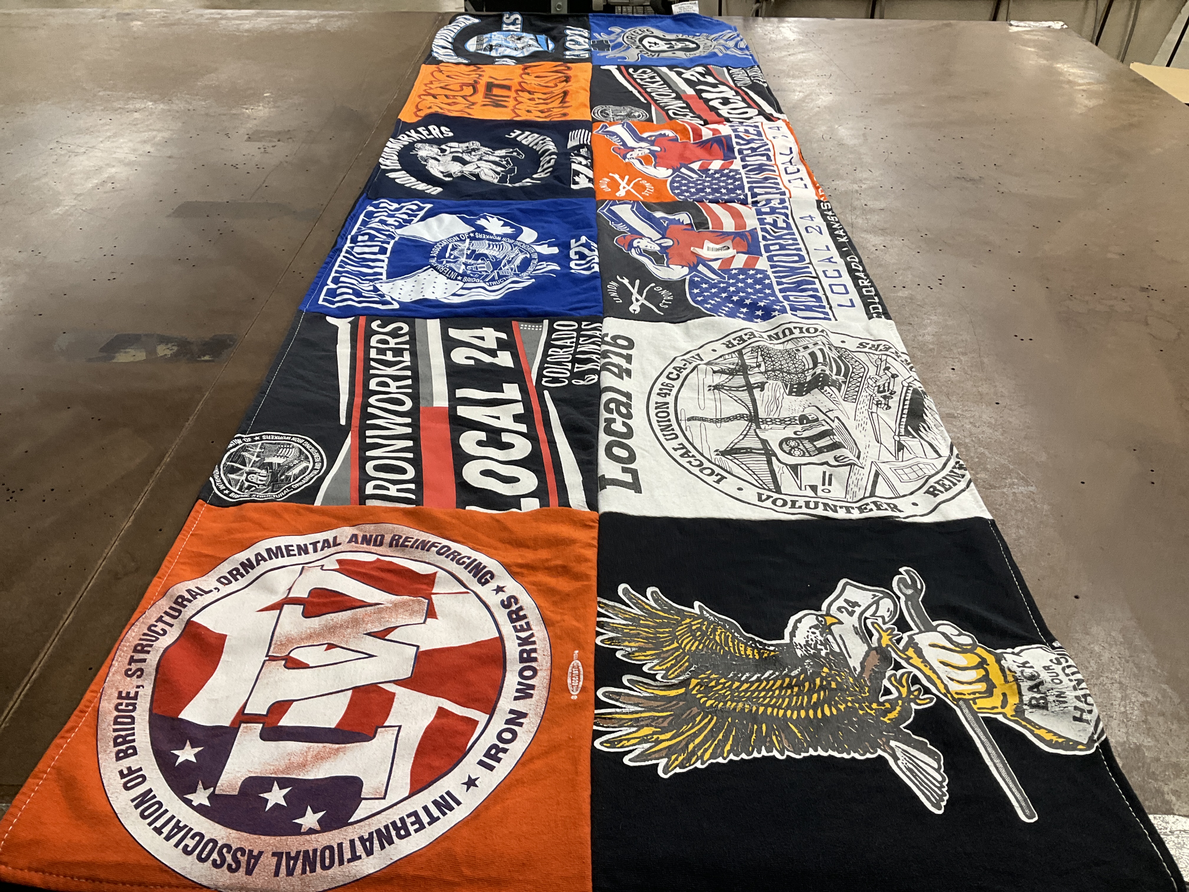 T-shirt quilt with labor unions, construction themes by Cassandra from KS