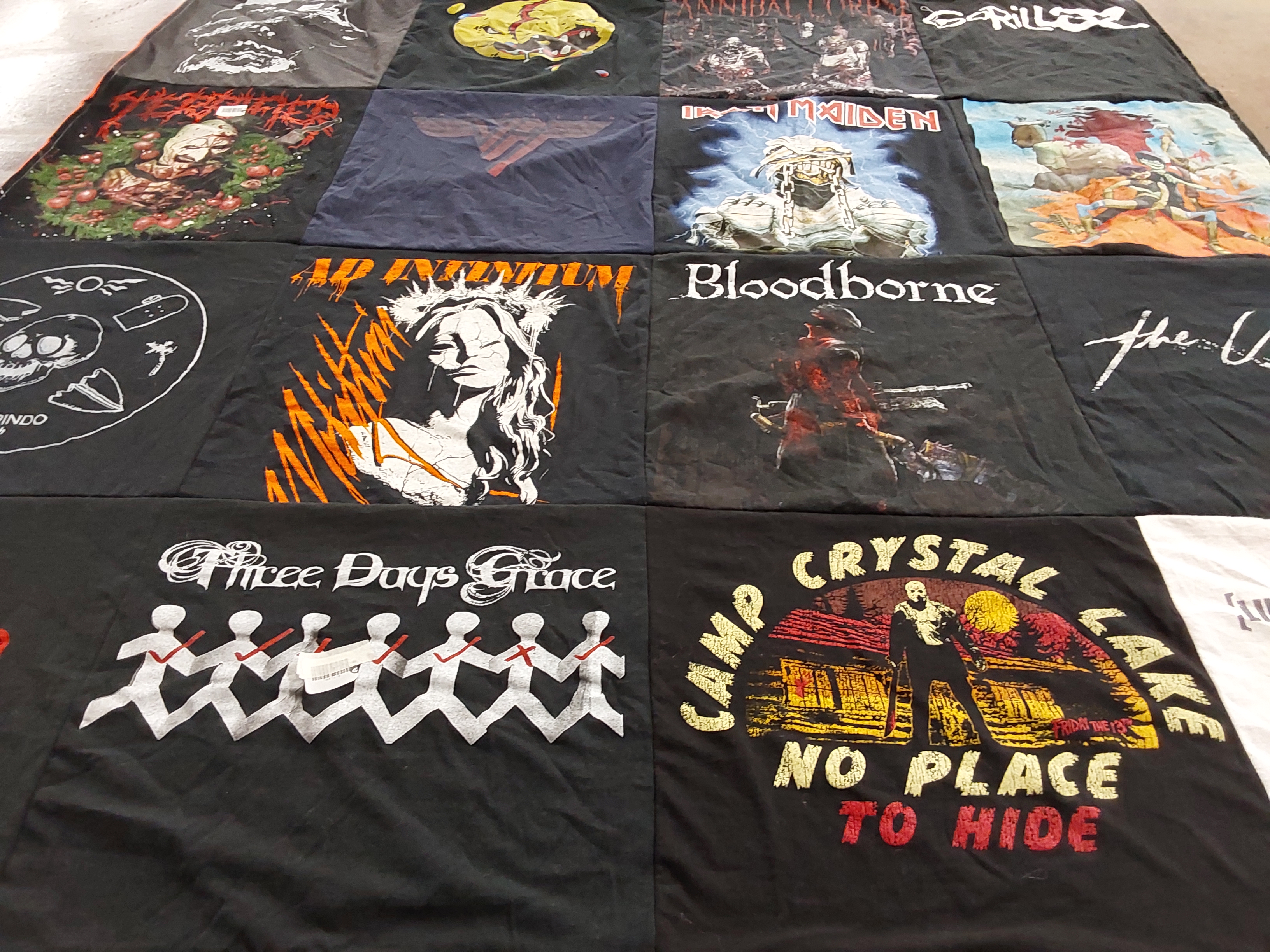 T-shirt quilt with music, gaming themes by Carrie from NV