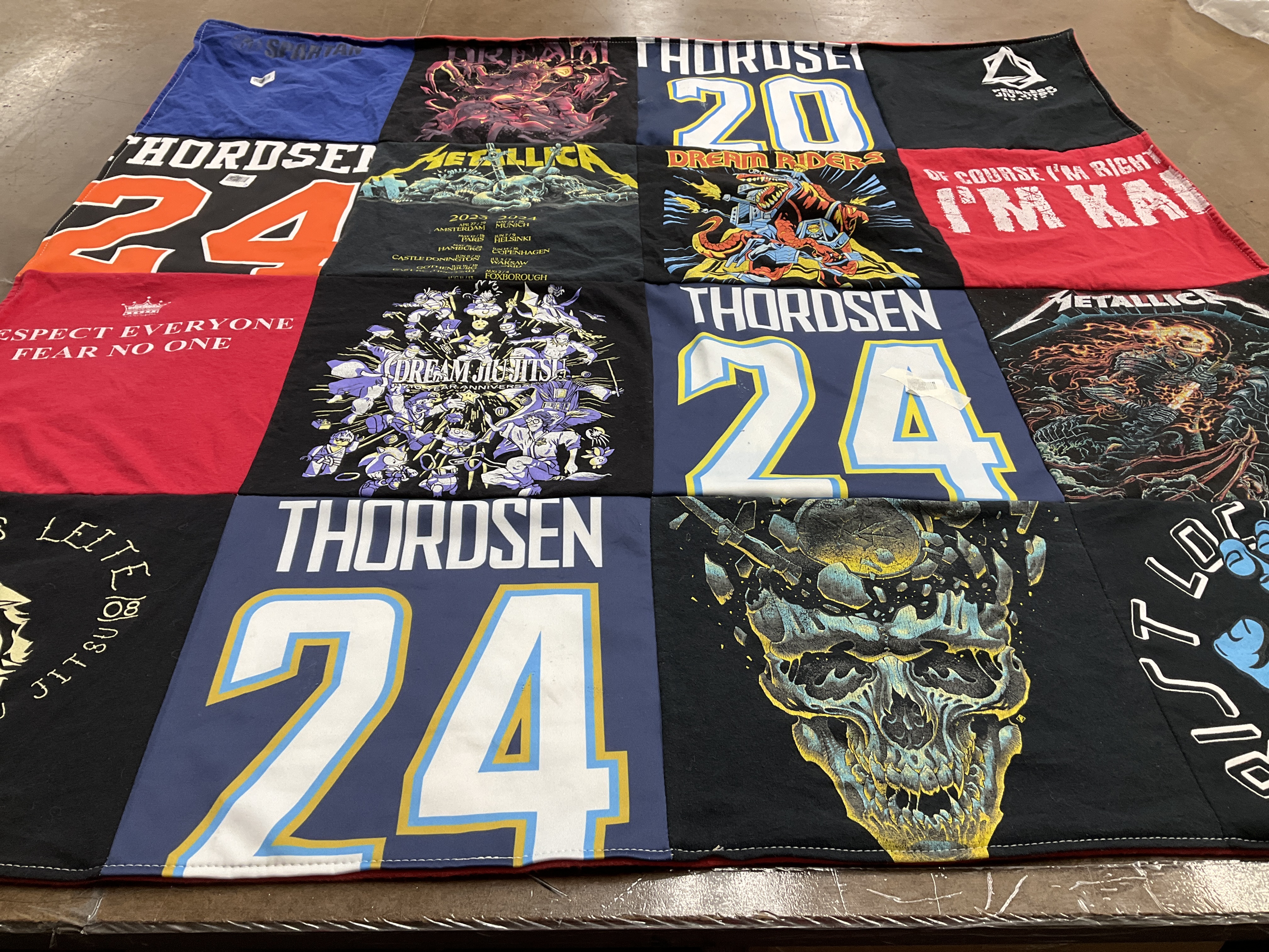 T-shirt quilt with music, martial arts themes by Iori from CA