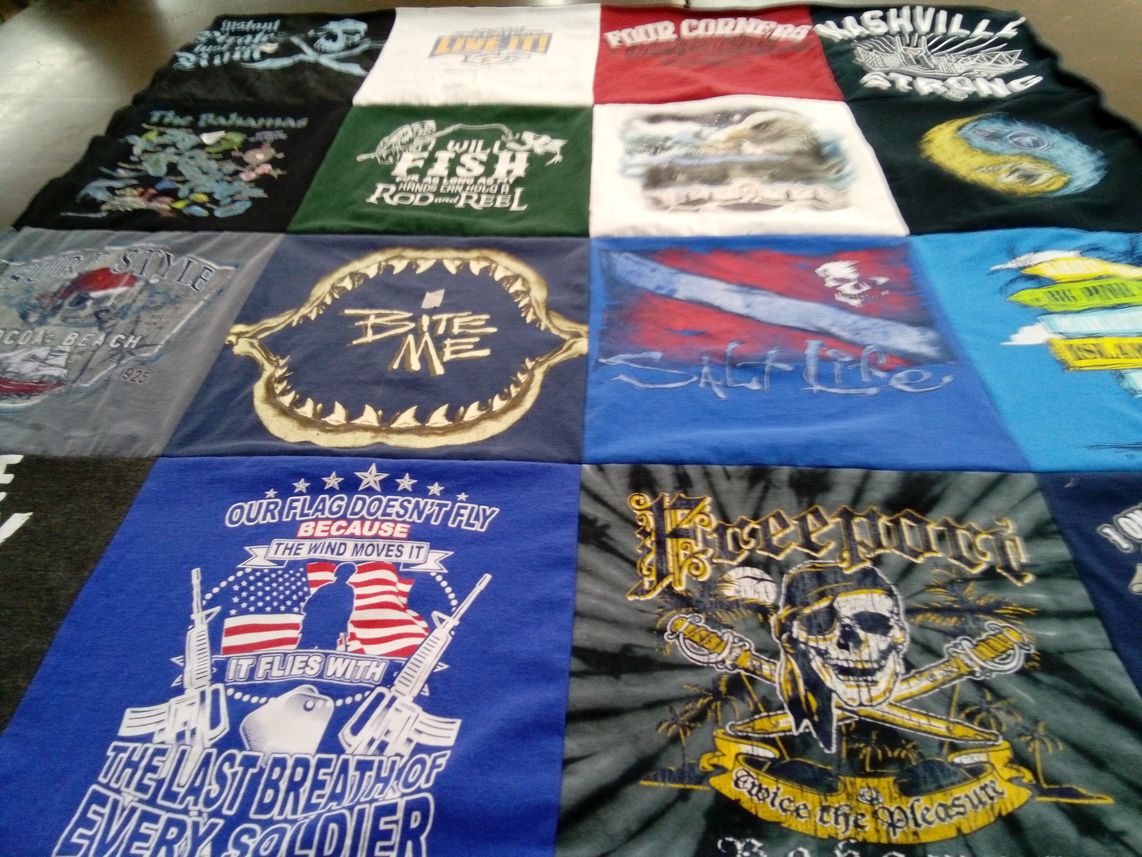 T-shirt quilt with fishing, travel themes by Diane from TN