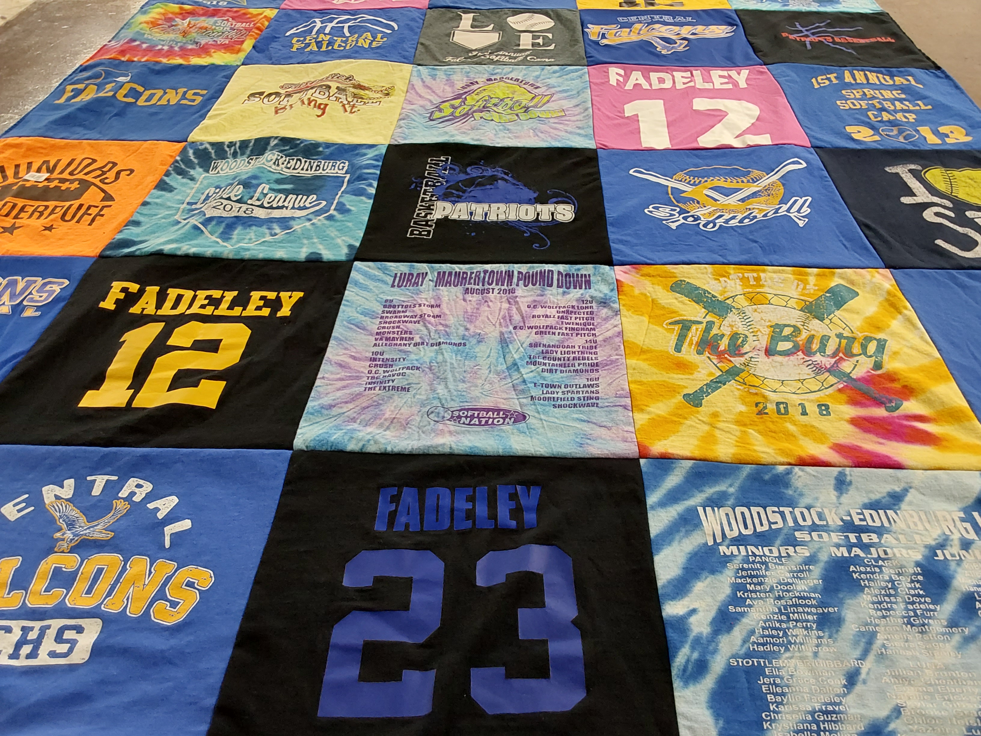 T-shirt quilt featuring central high school falcons, woodstock-edinburgh youth softball by Tabitha from VA
