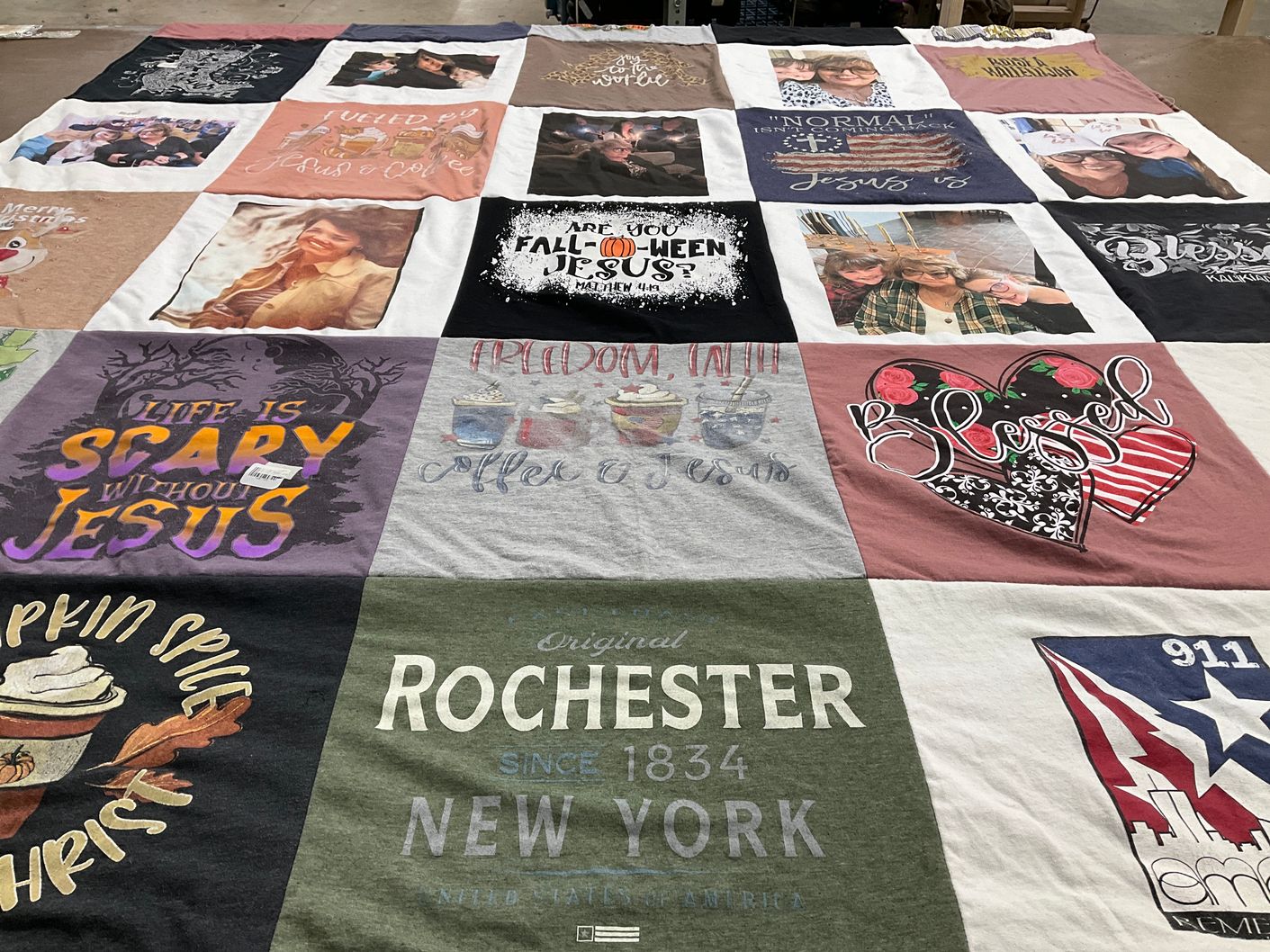 T-shirt quilt with faith, coffee themes by Kristine from CA