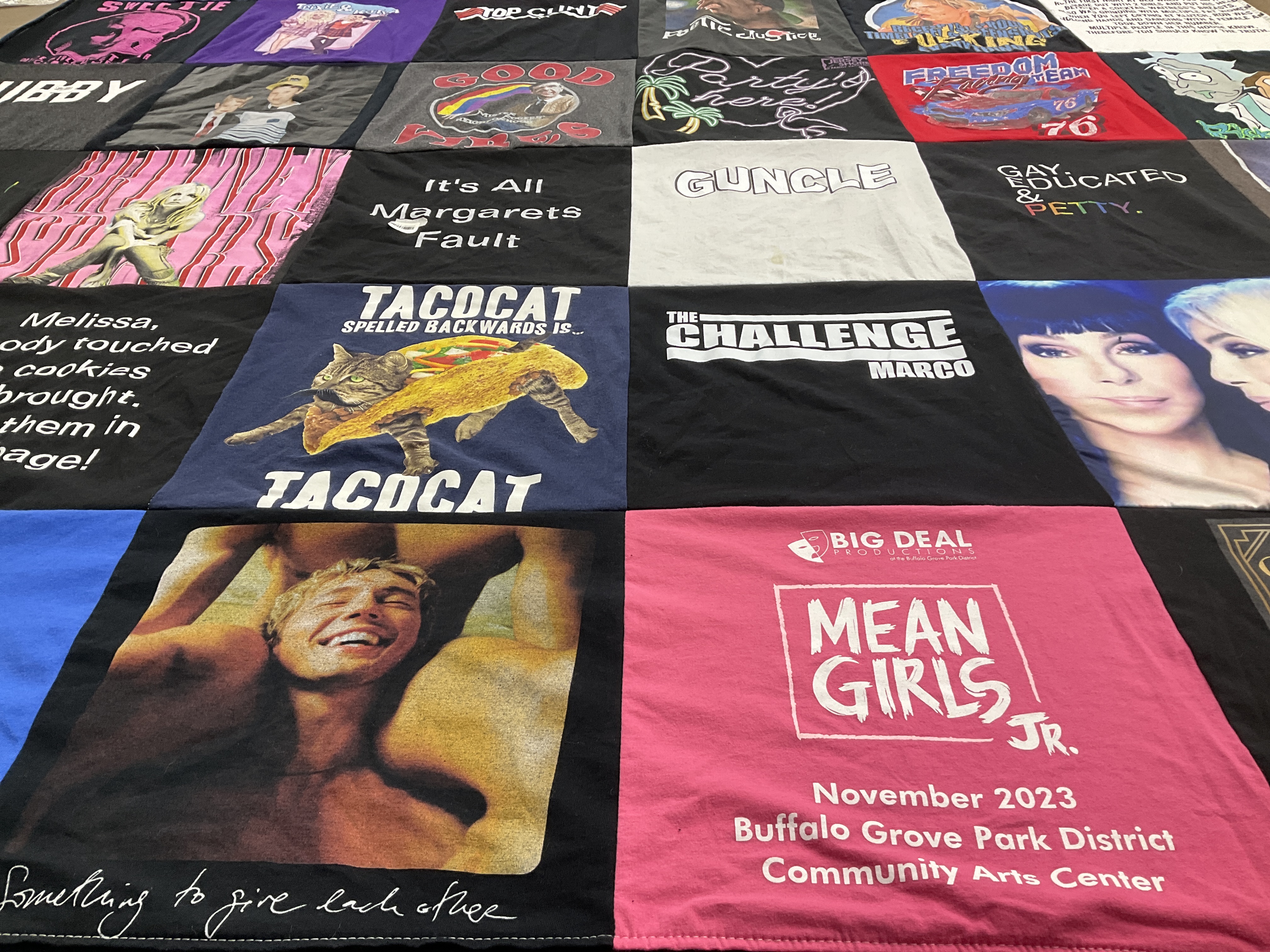 T-shirt quilt with the challenge, cats themes by Joshua from IL